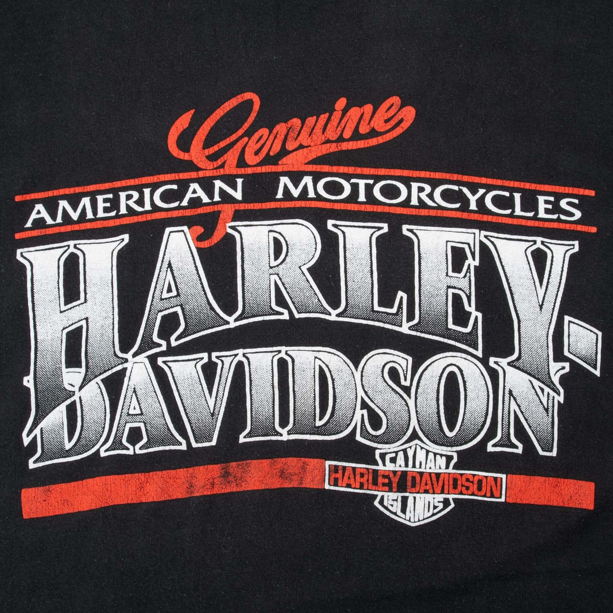 Close-up of red, white and gray Harley-Davidson Cayman Islands front print