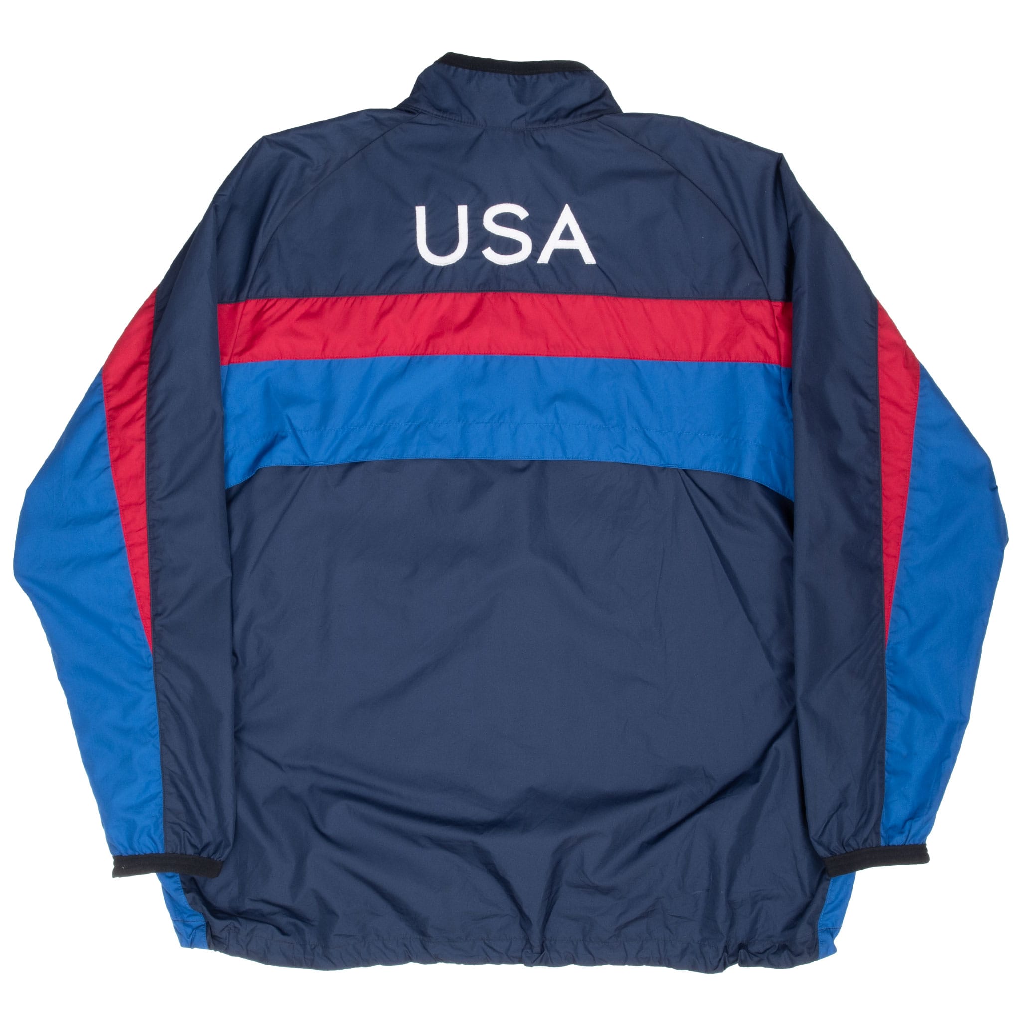 Back of blue Nike Team USA windbreaker with white USA lettering and red and blue panels