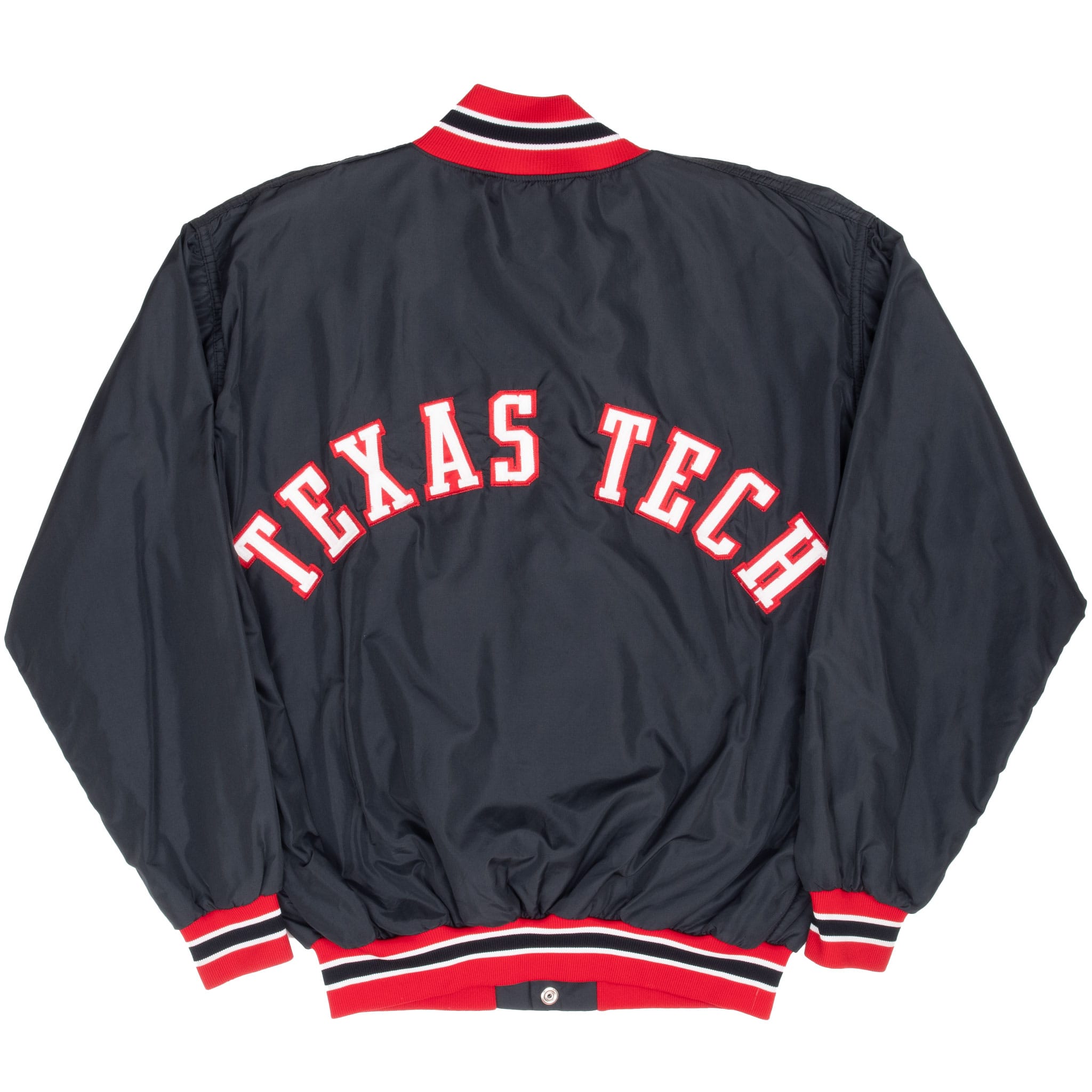 Full back of black Texas Tech bomber jacket with striped collar, cuffs and hem
