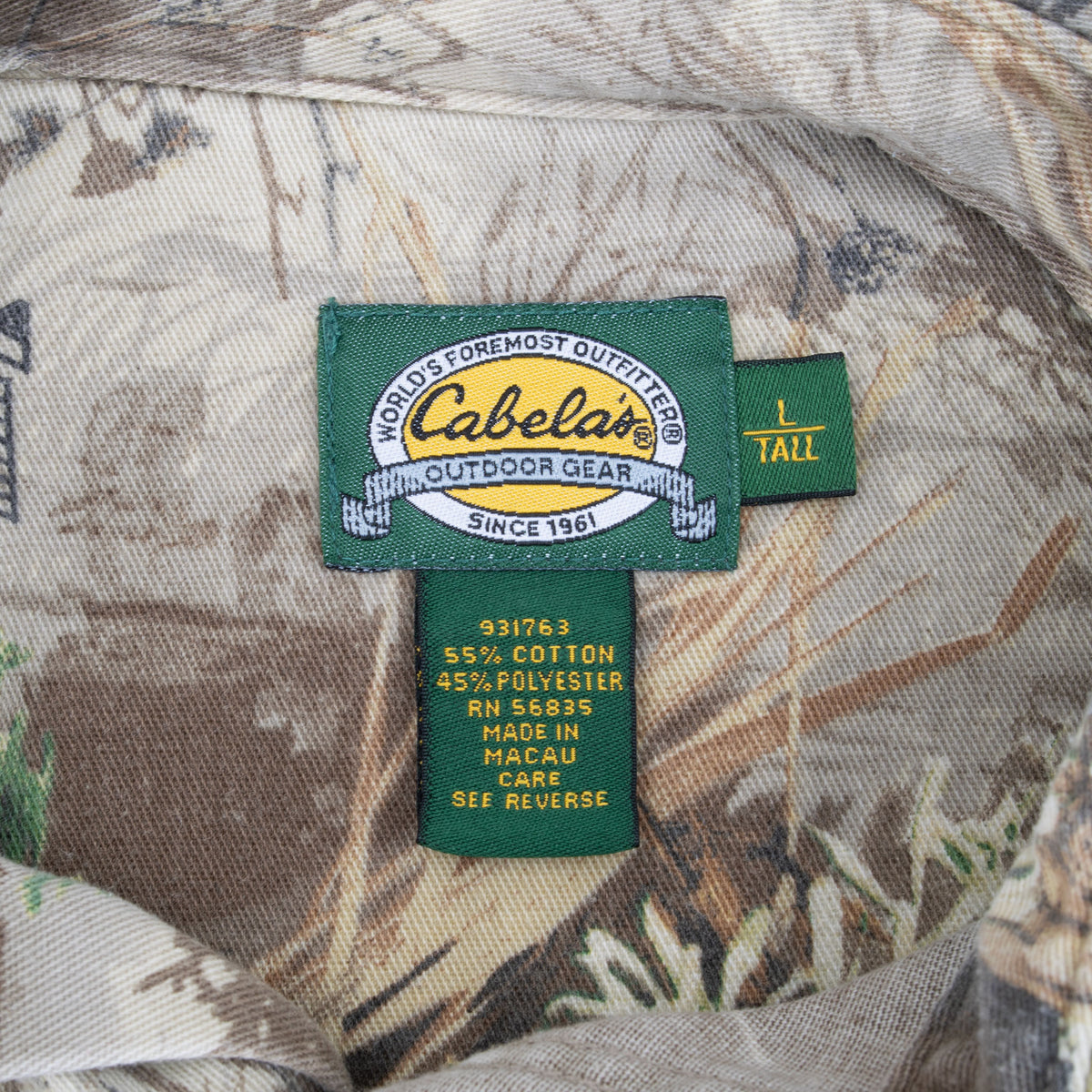 Cabela's collar label and Large Tall size tag inside camouflage hunting shirt