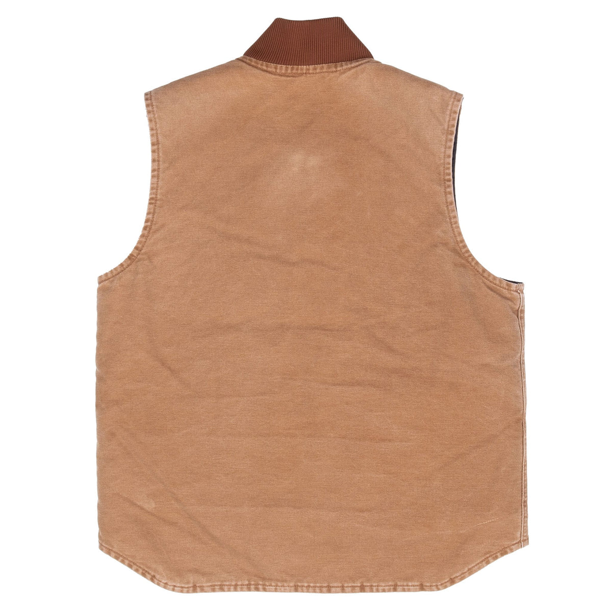 Back of brown Carhartt vest with rib-knit collar and curved hem