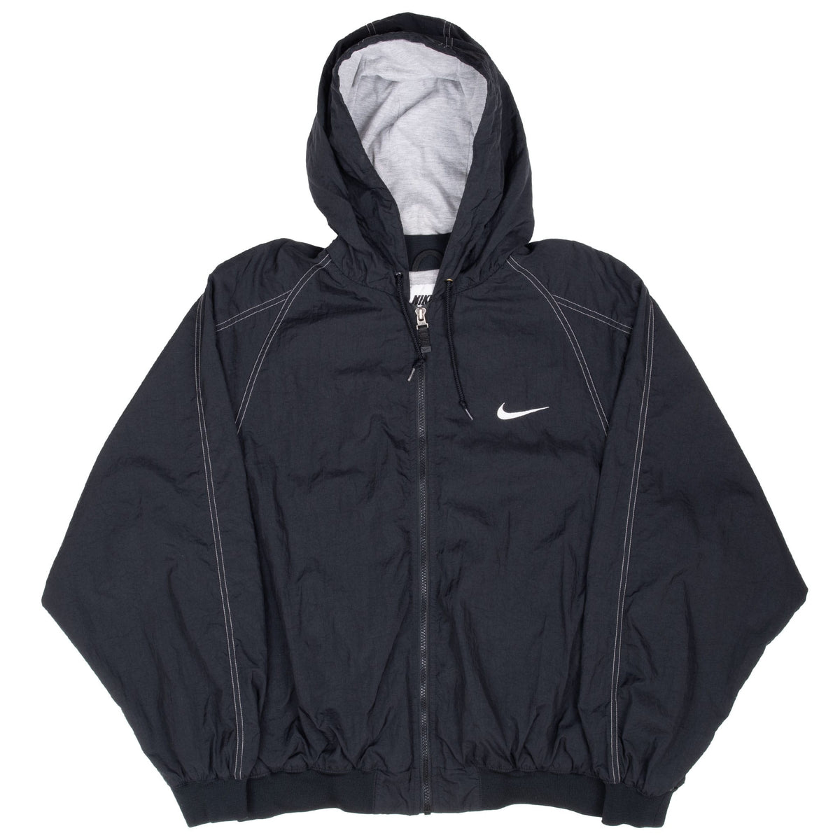 Full front view of black Nike zip-up hooded windbreaker