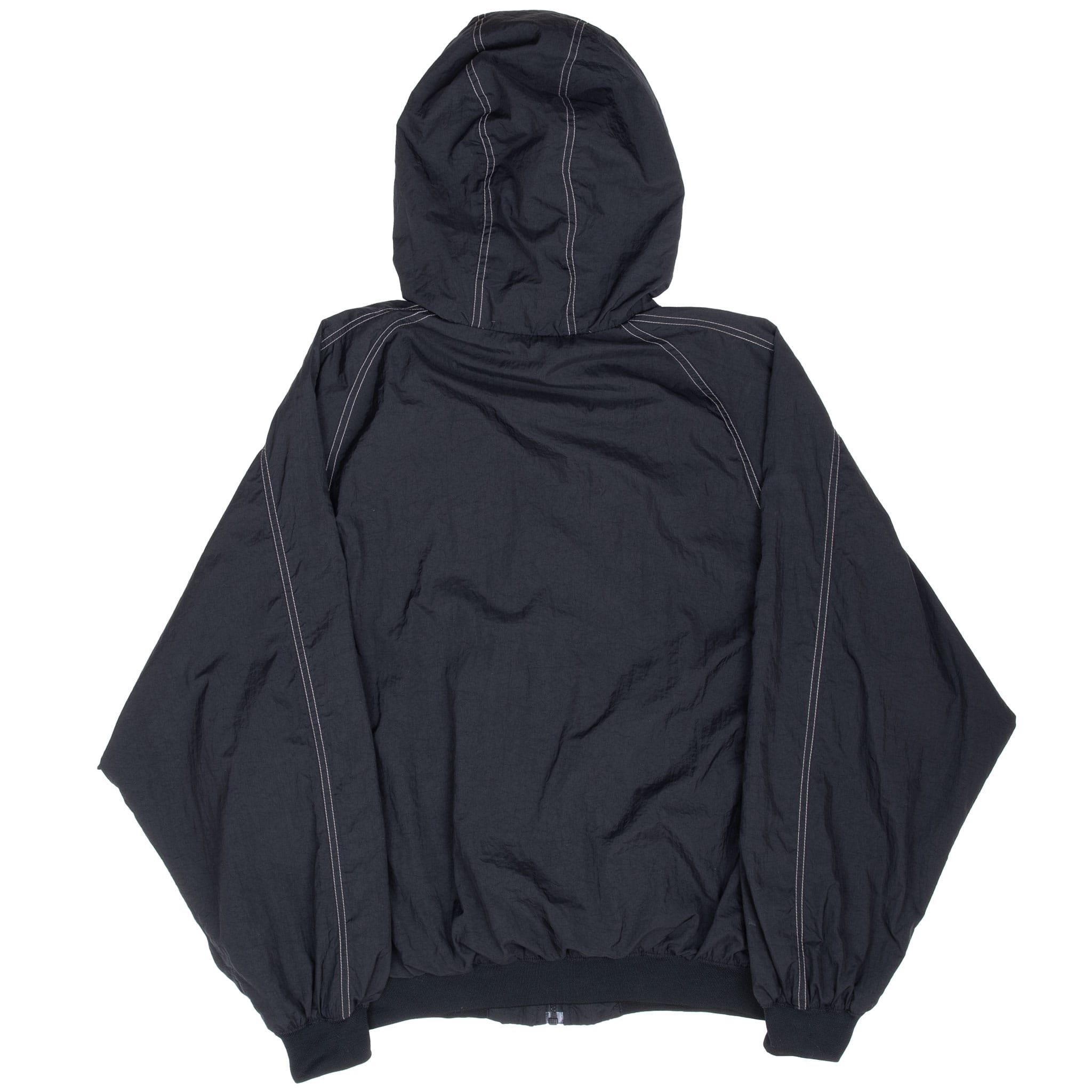 Back of black Nike hooded windbreaker with white contrast stitching