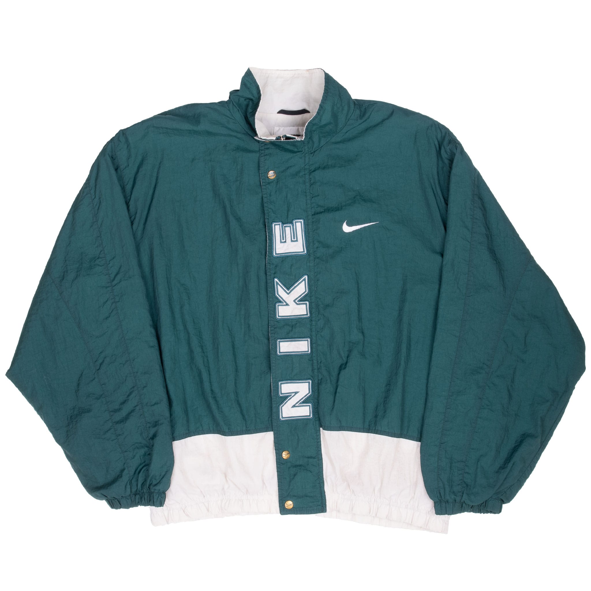 Front of green and white Nike windbreaker with Swoosh and vertical spellout placket