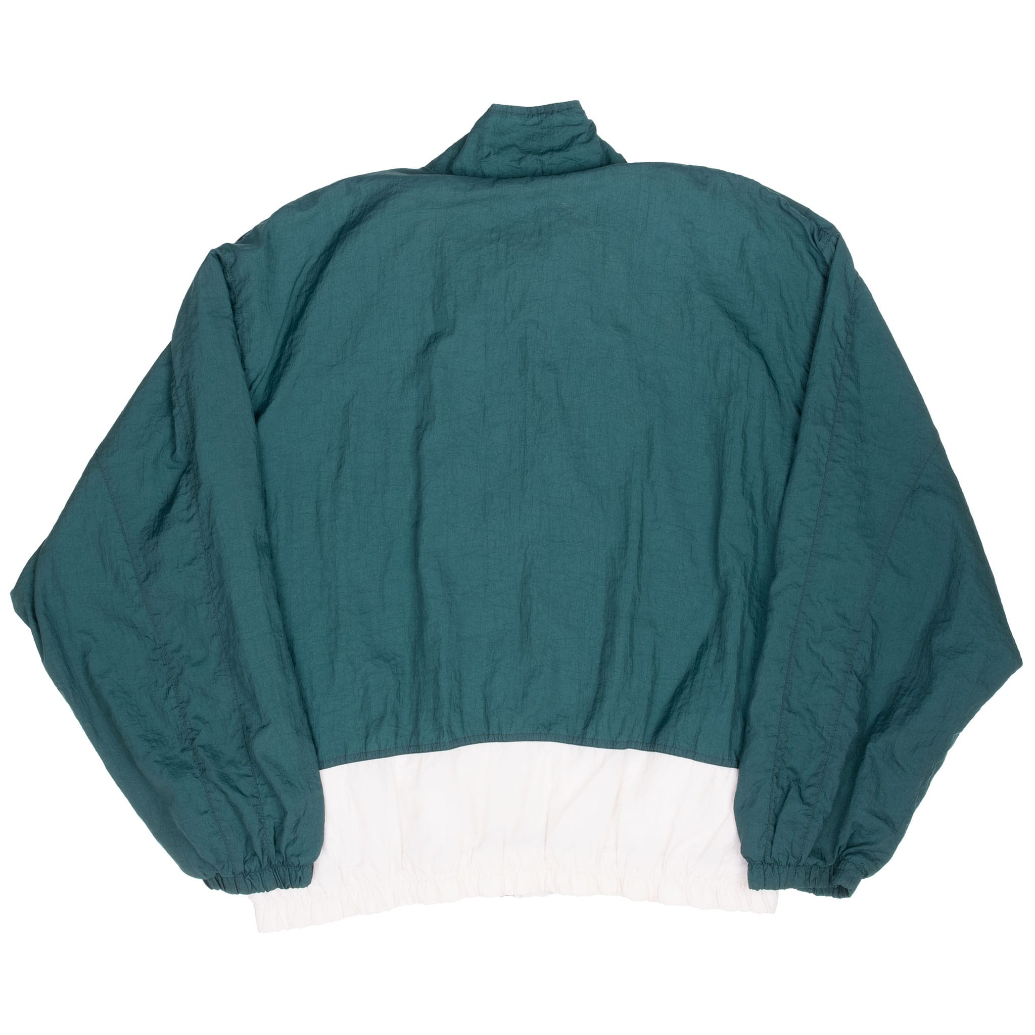 Back of green Nike windbreaker with white color-blocked lower panel