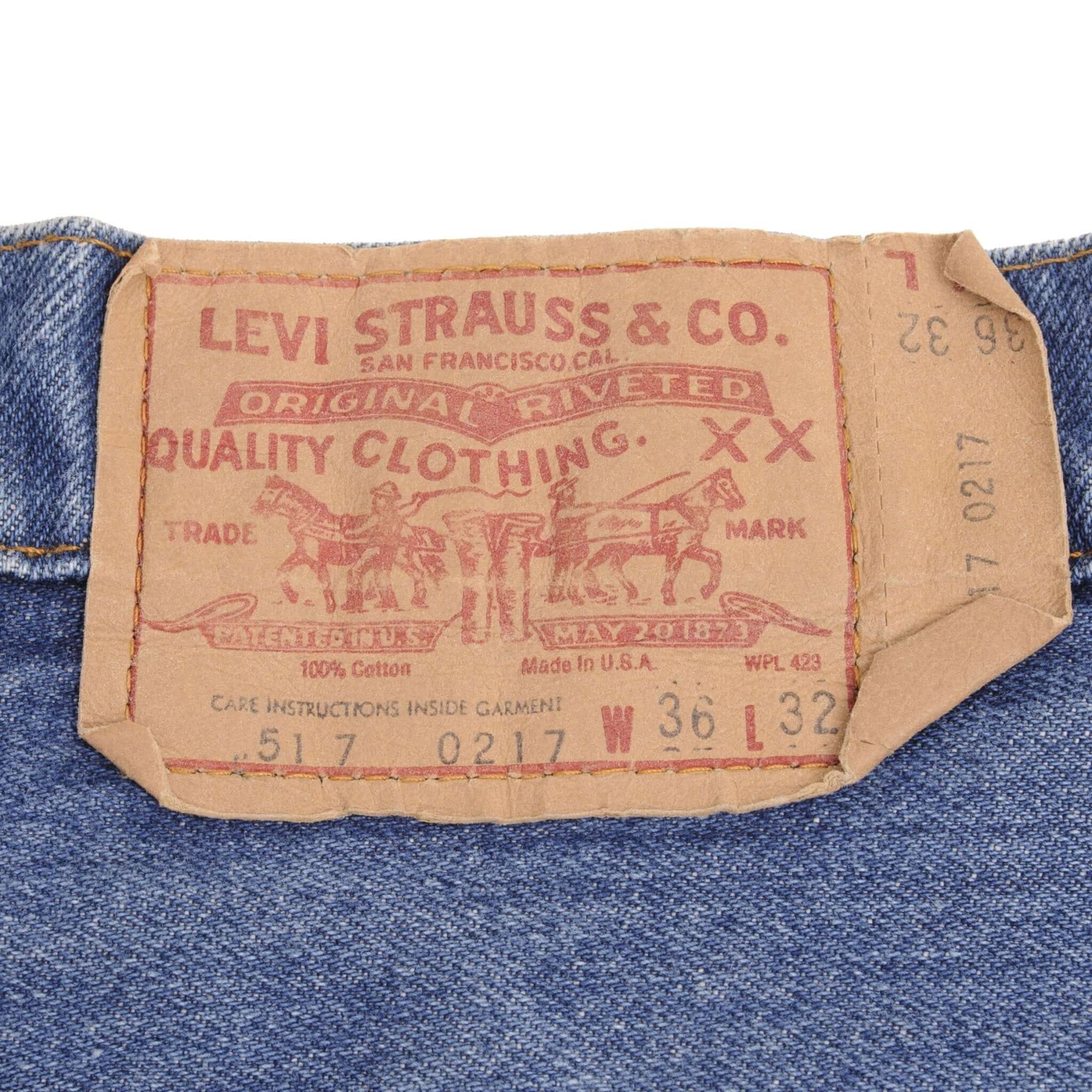 Beautiful Indigo Levis 517 Jeans With Blue Bar Tacks 1980s Made in USA with Medium Dark Wash With Light Whiskers. Size on tag 36X32 Actual Size 35X31 Back Button #650