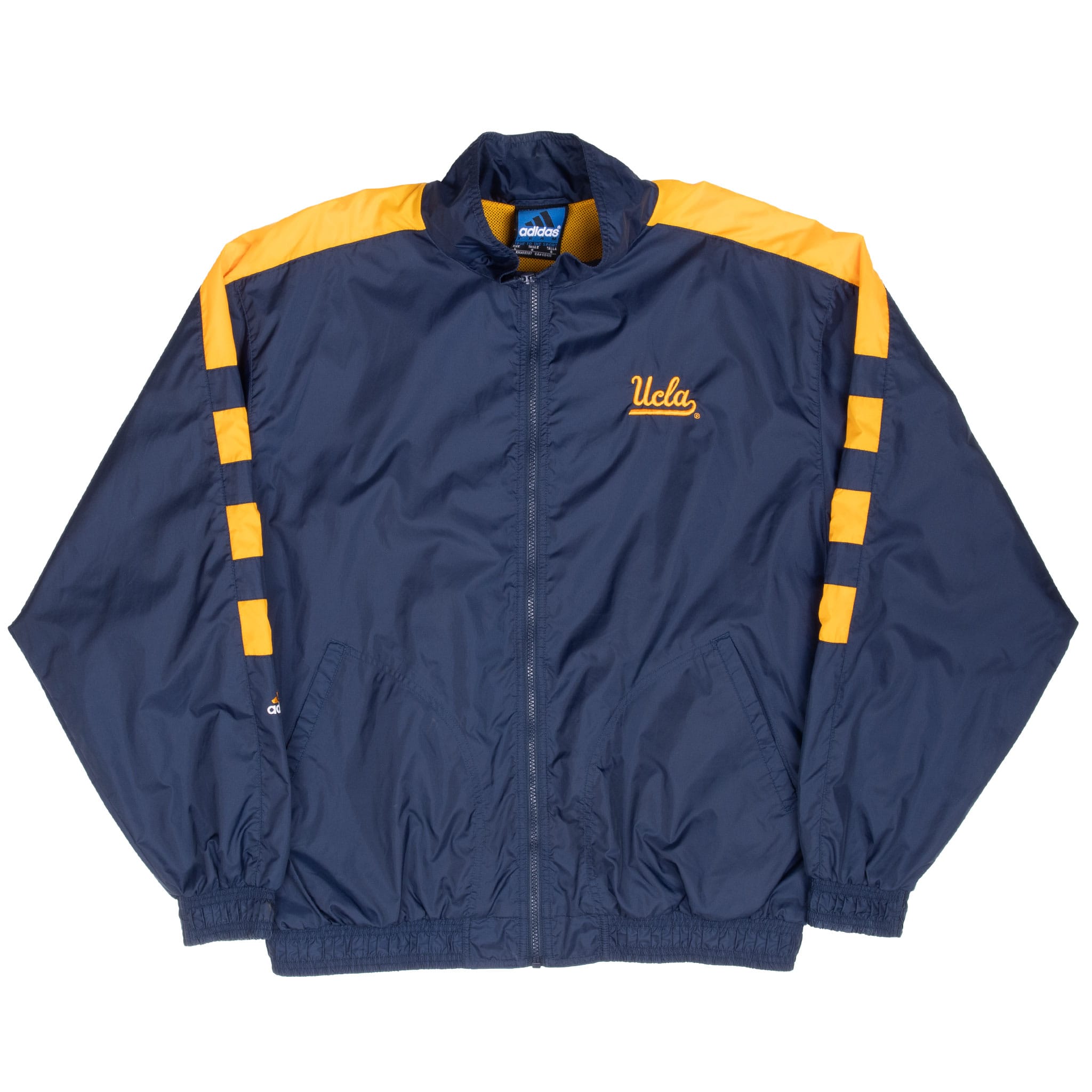 Full front view of blue adidas UCLA zip-up windbreaker with gold accents