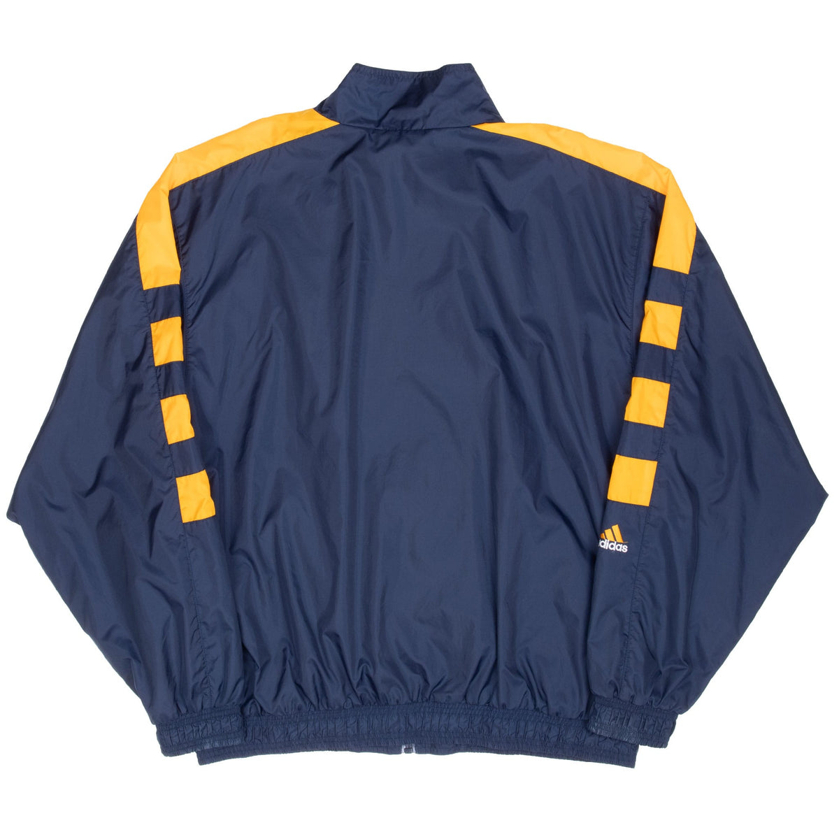 Back of blue adidas UCLA windbreaker with gold shoulder and sleeve panels