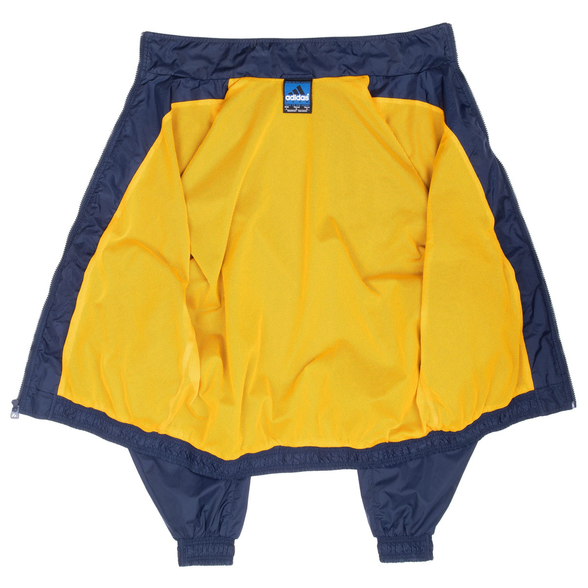 Open blue adidas UCLA windbreaker showing gold mesh interior lining