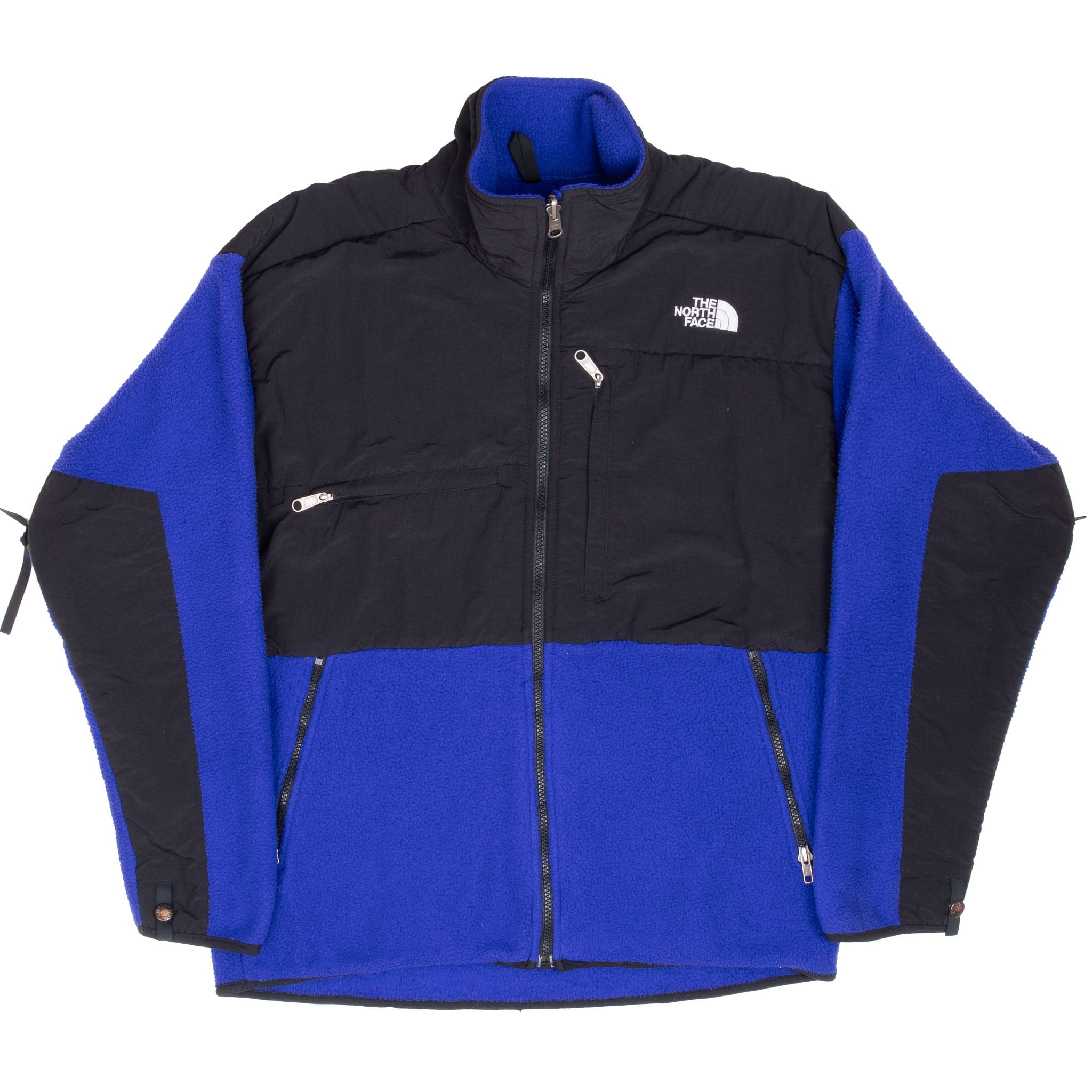 Full front view of blue and black The North Face Denali fleece jacket with zippered pockets