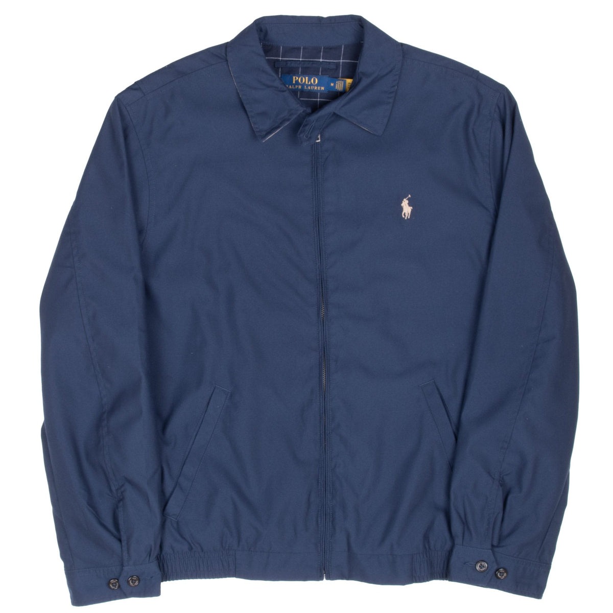 Full front view of blue Polo Ralph Lauren Harrington jacket with zip closure and buttoned cuffs
