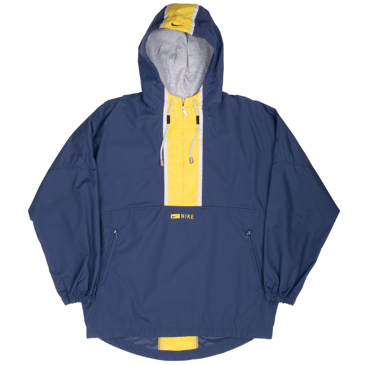Full front view of blue Nike hooded windbreaker with yellow center stripe and gray trim