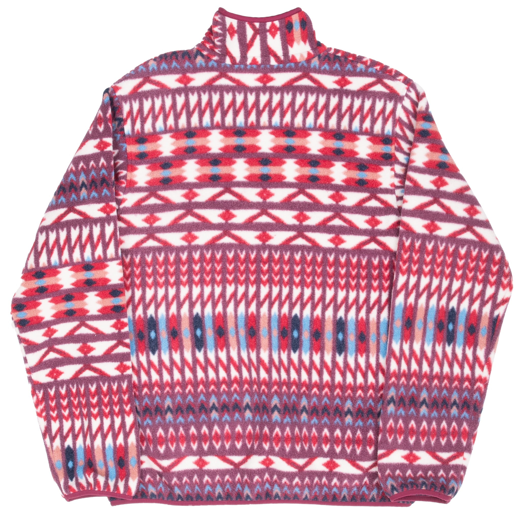 Back of Patagonia women's Synchilla fleece with red, white and blue geometric print