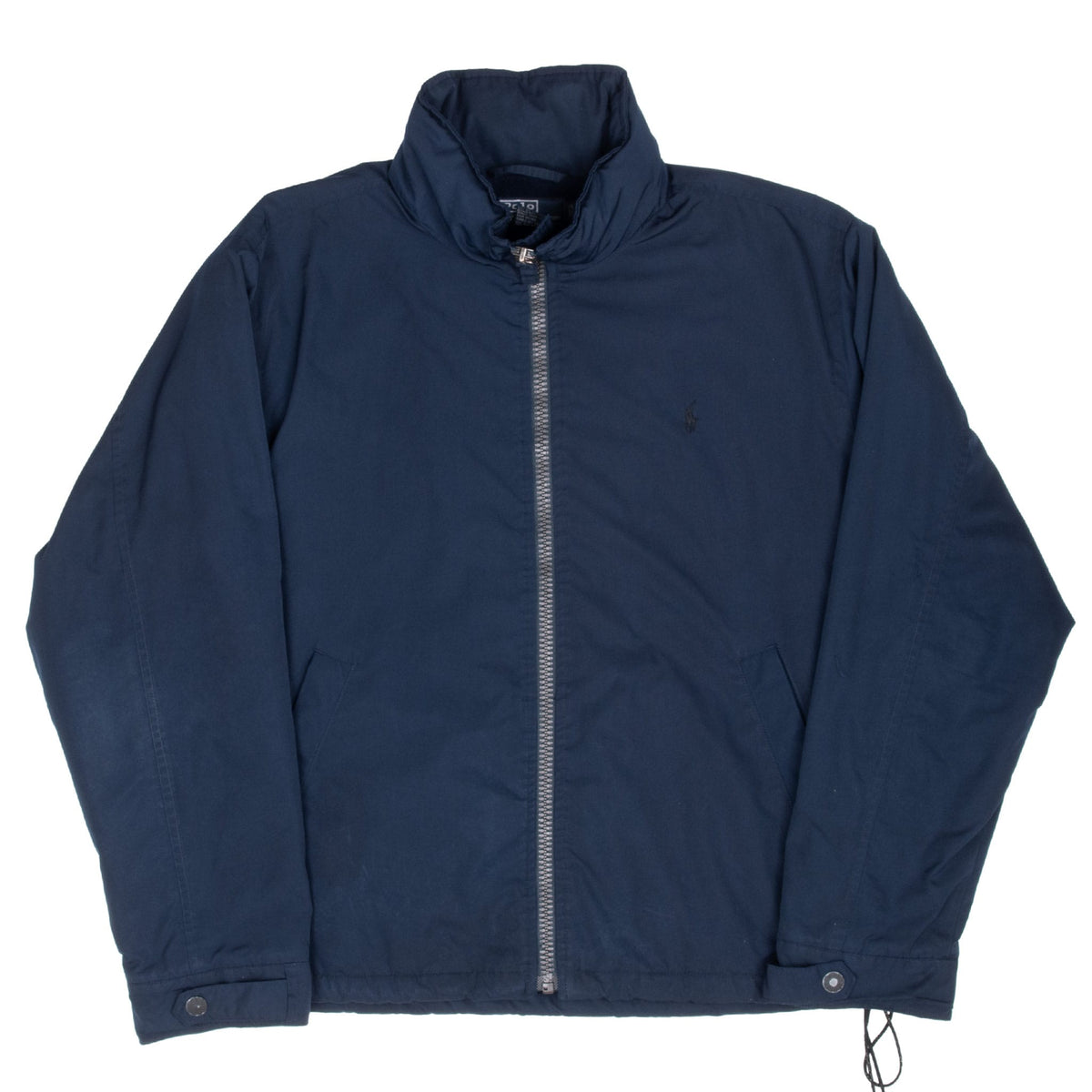 Front view of navy Polo Ralph Lauren windbreaker with angled pockets and snap cuffs