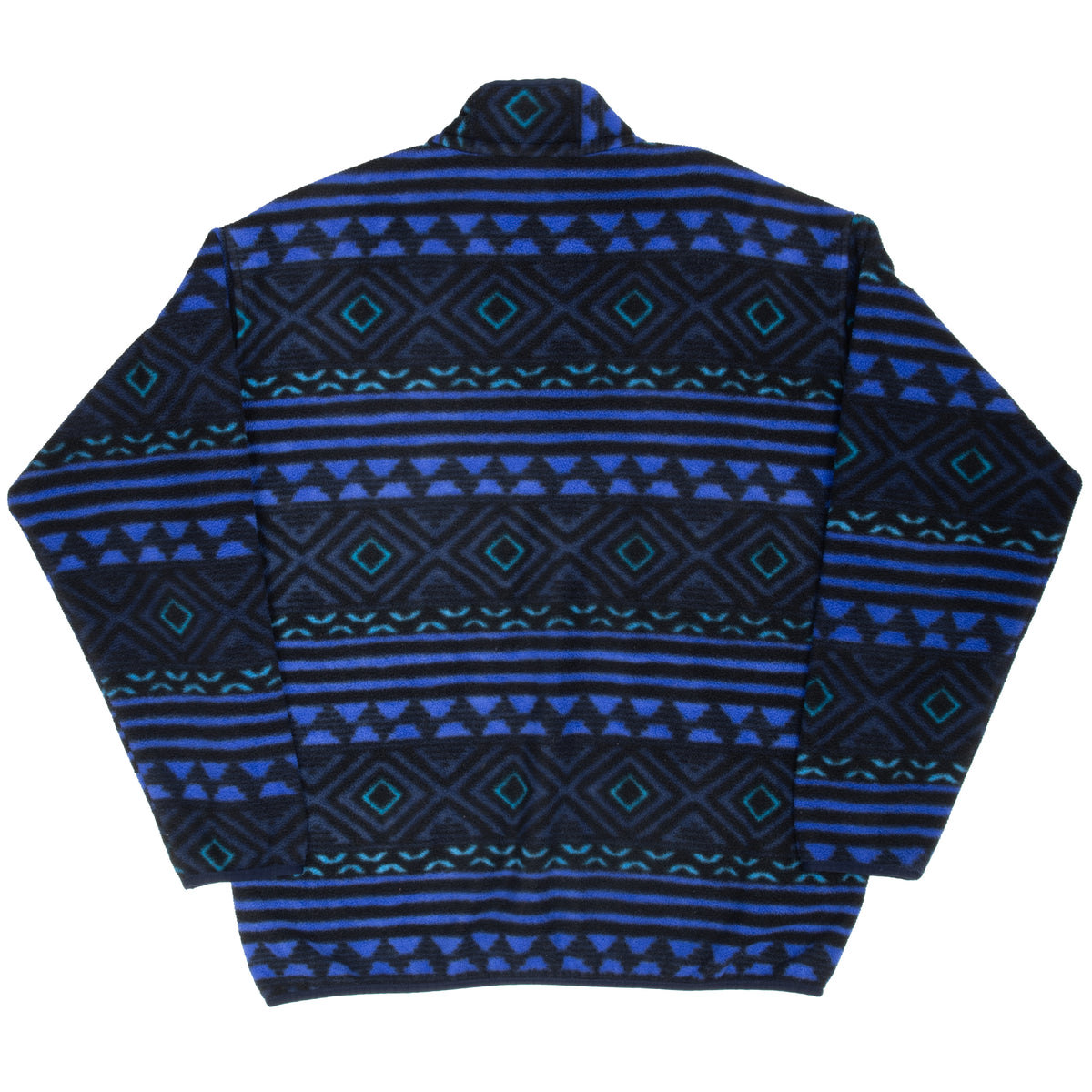Back of Patagonia Snap-T fleece pullover with blue and teal geometric pattern