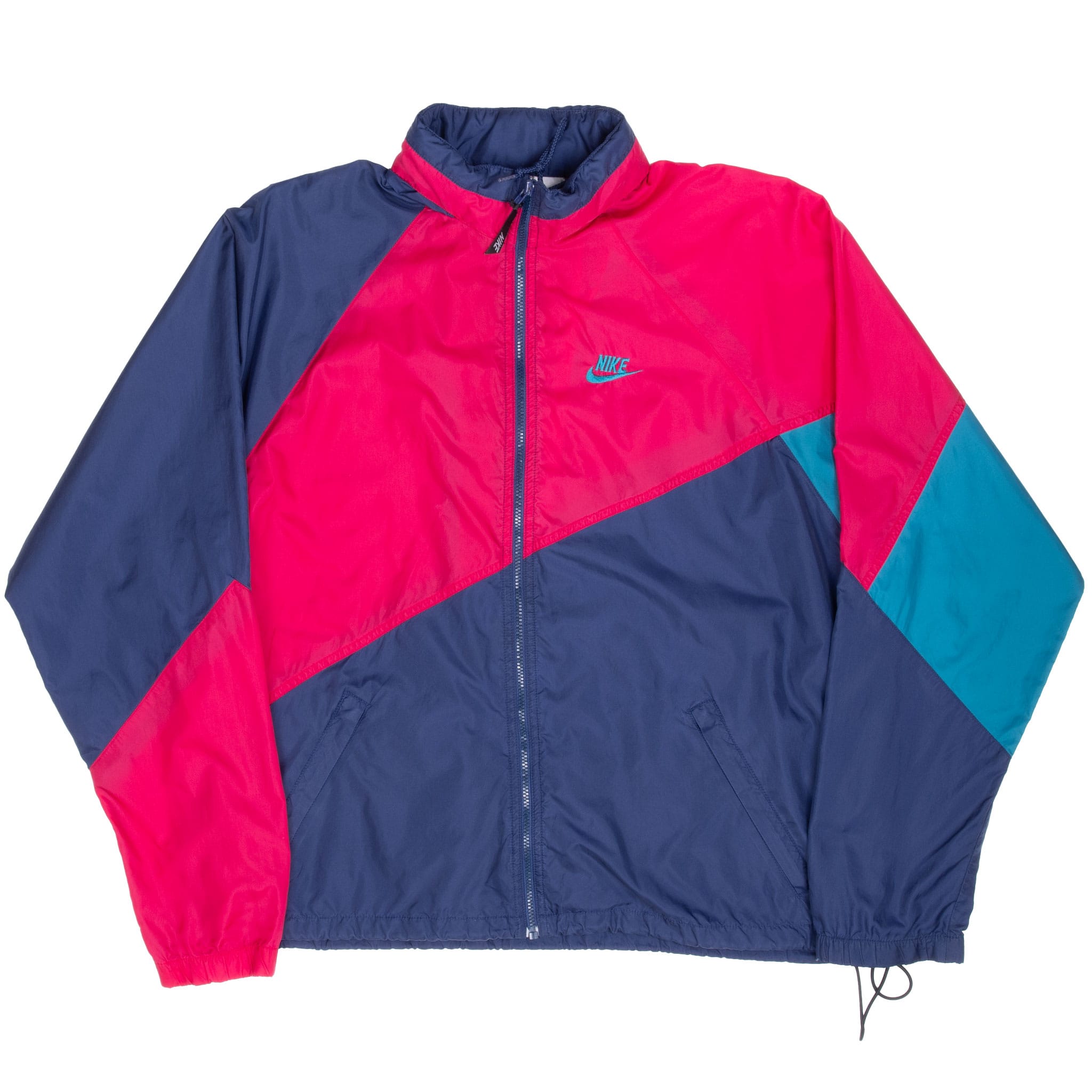 Full front of pink, navy and teal Nike windbreaker with zip closure and hand pockets