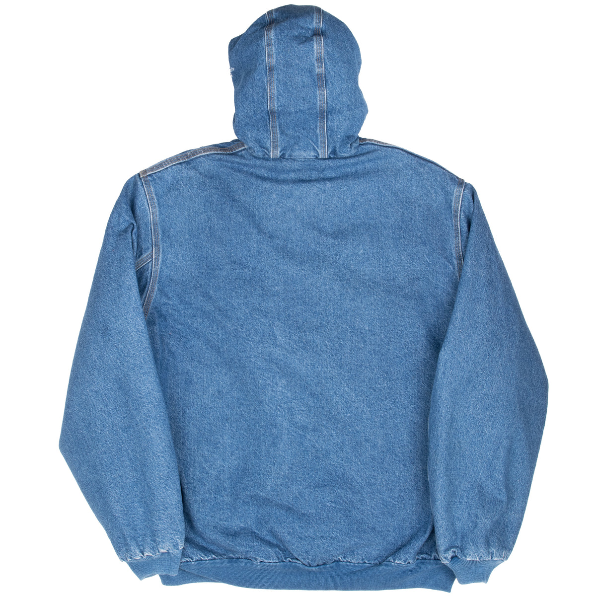 Back view of blue Carhartt denim hooded active jacket
