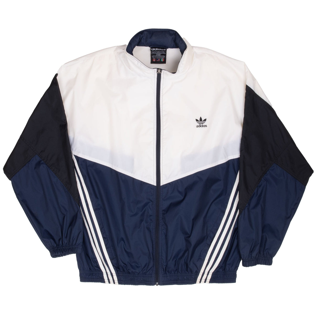 Full front view of Adidas navy blue, white and black windbreaker with three-stripe detailing