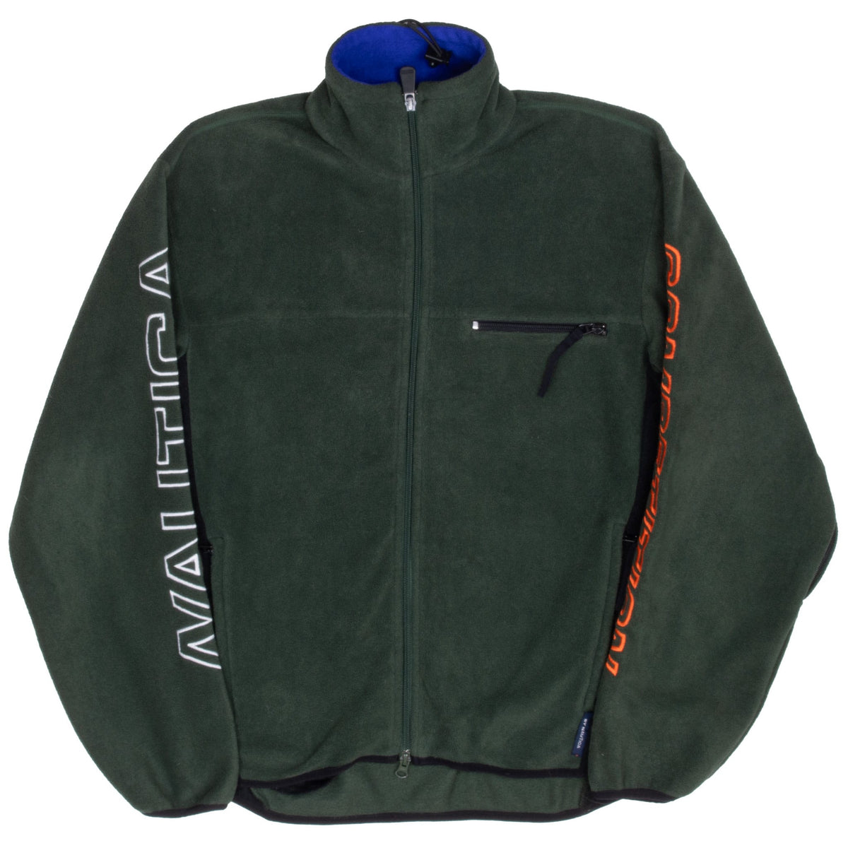Full front view of green Nautica Competition fleece jacket with blue collar lining and black trim