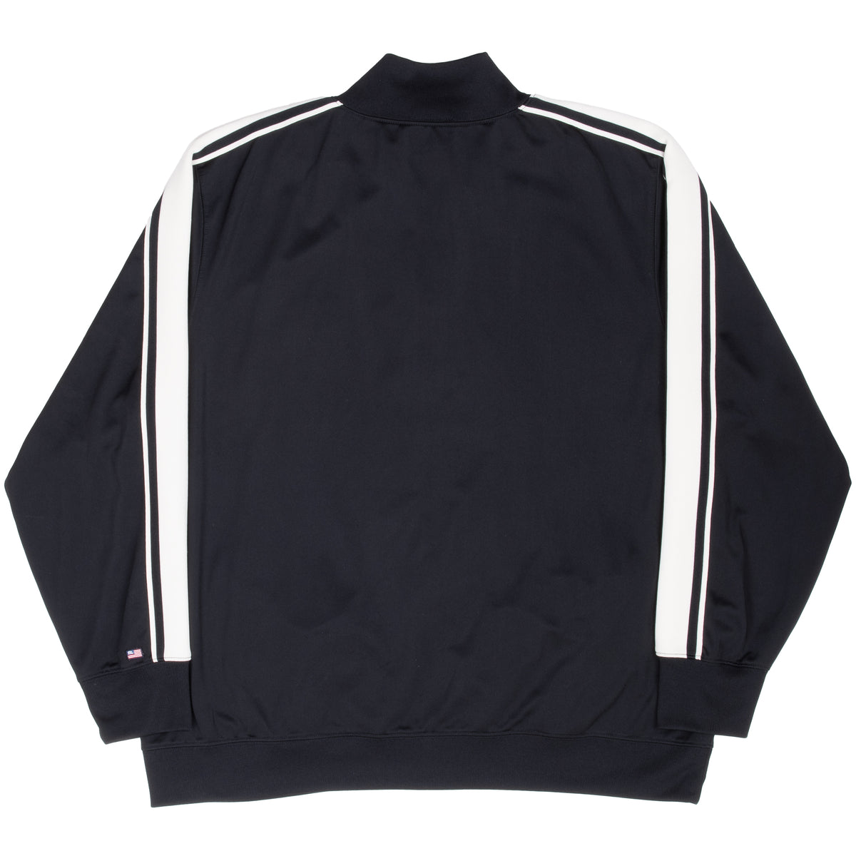 Back of black Ralph Lauren Polo Jeans track jacket with white sleeve and shoulder stripes