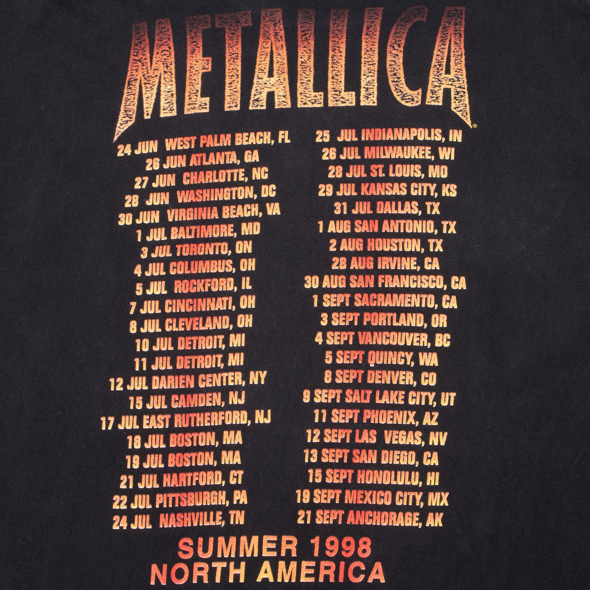 Vintage Metallica North America Summer Tour 1998 Tee Shirt Size XL