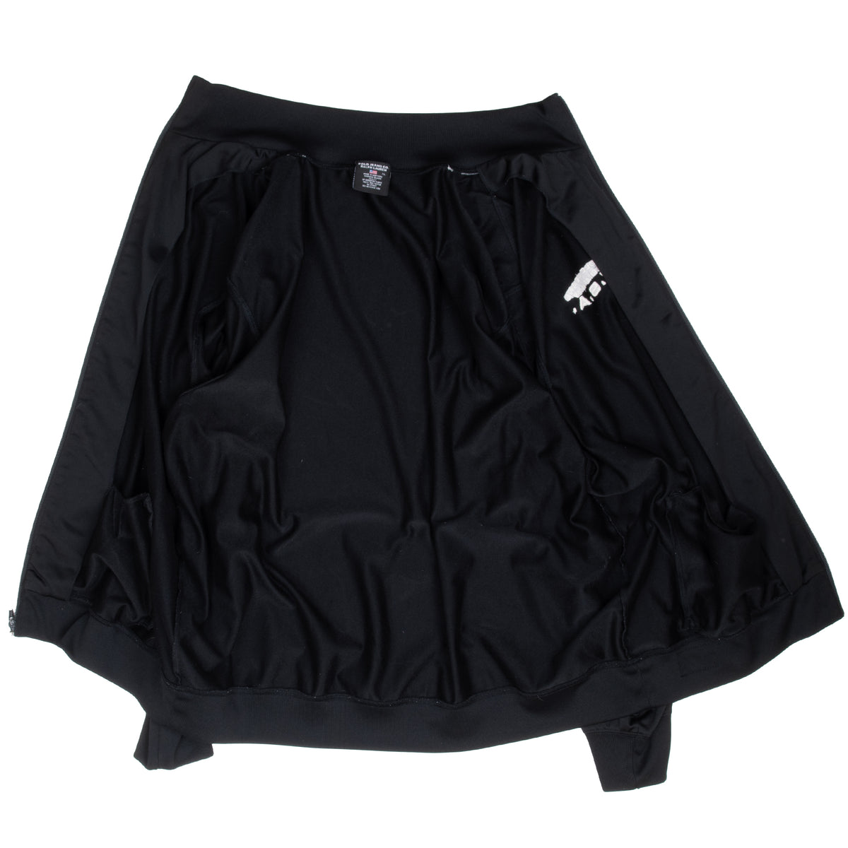 Interior of black Ralph Lauren Polo Jeans track jacket showing lining, pockets, and neck label