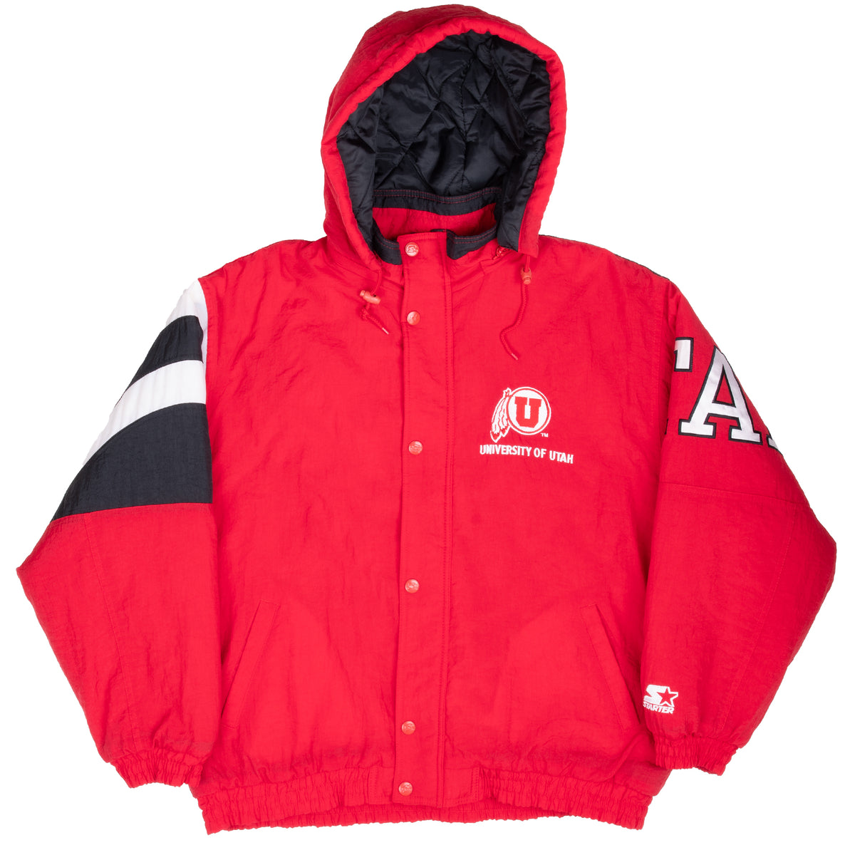 Front of red University of Utah Starter jacket with hood, snap closure, and striped sleeve