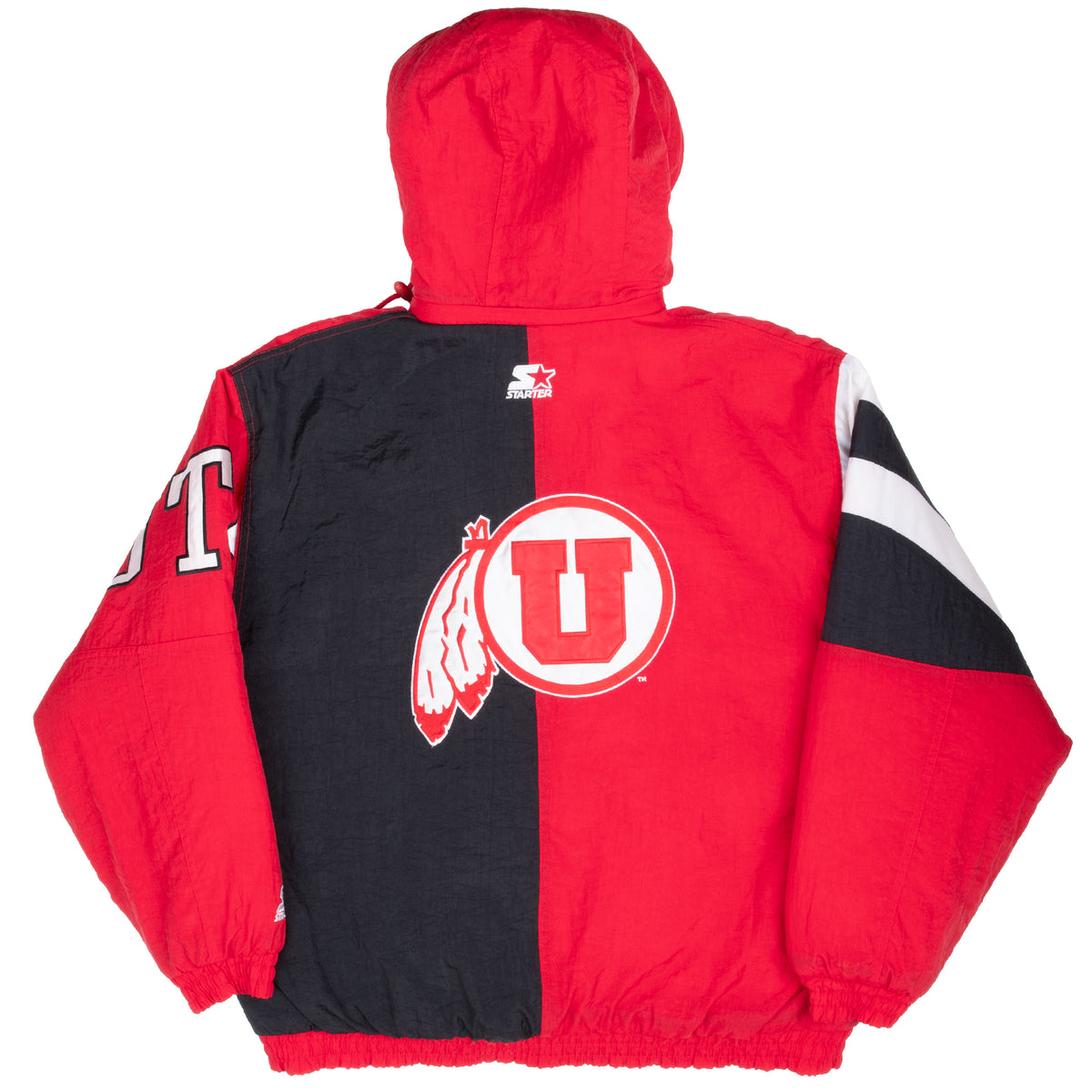 Back of red and black Starter University of Utah jacket with large U logo