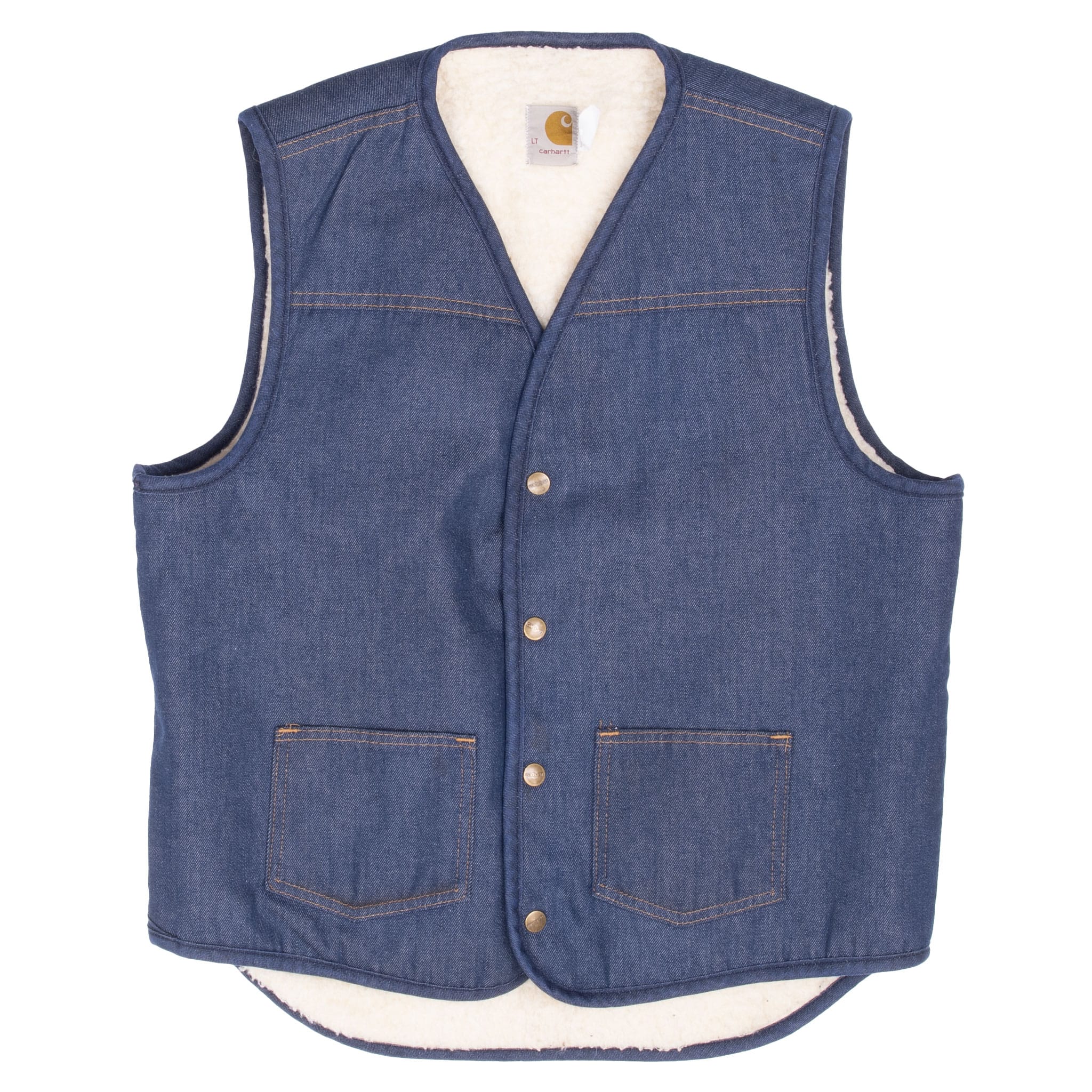 Full front of dark blue Carhartt denim vest with four snaps, two patch pockets and curved hem