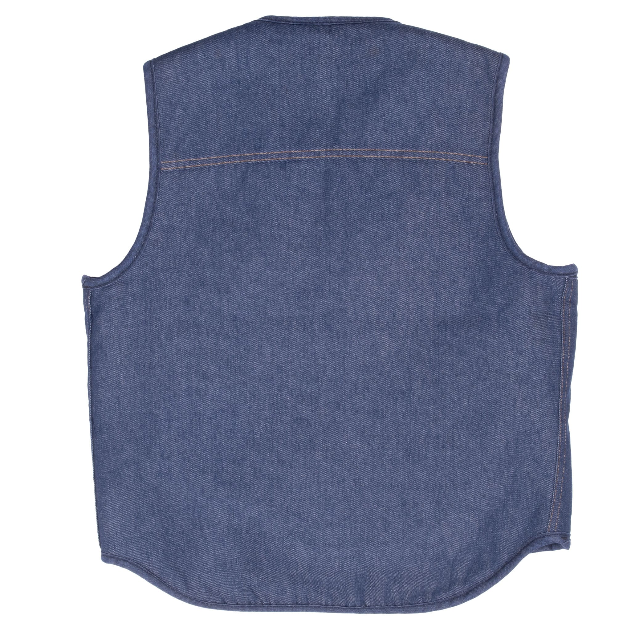 Back of dark blue Carhartt denim vest with contrast yoke stitching and extended curved hem