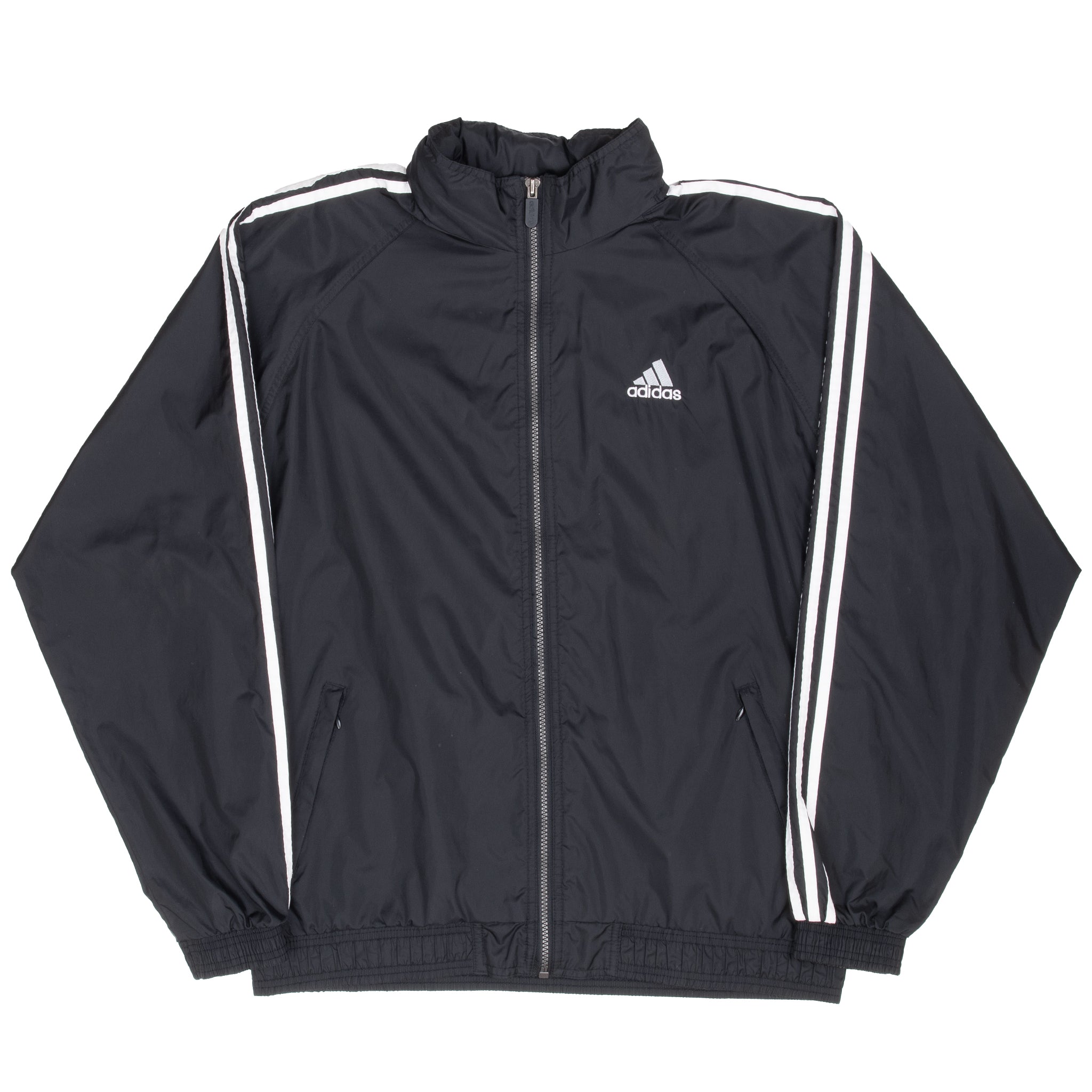 Full front view of black Adidas windbreaker with white sleeve stripes