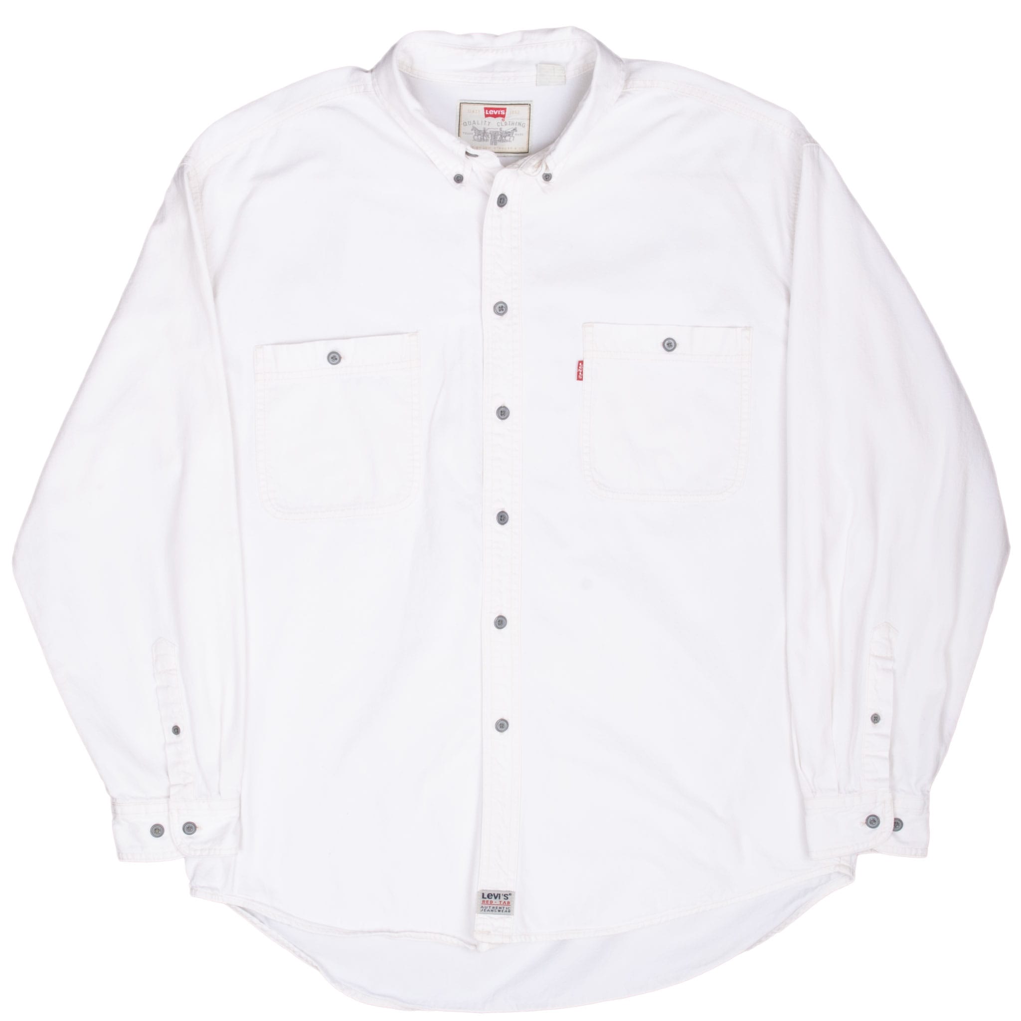 Full front view of Levi's white denim button-down shirt with curved hem and long sleeves