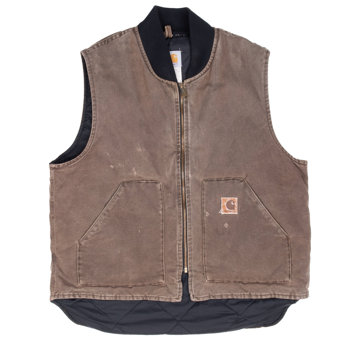 Full front view of brown Carhartt V02CHT vest with black quilted lining extending below the hem