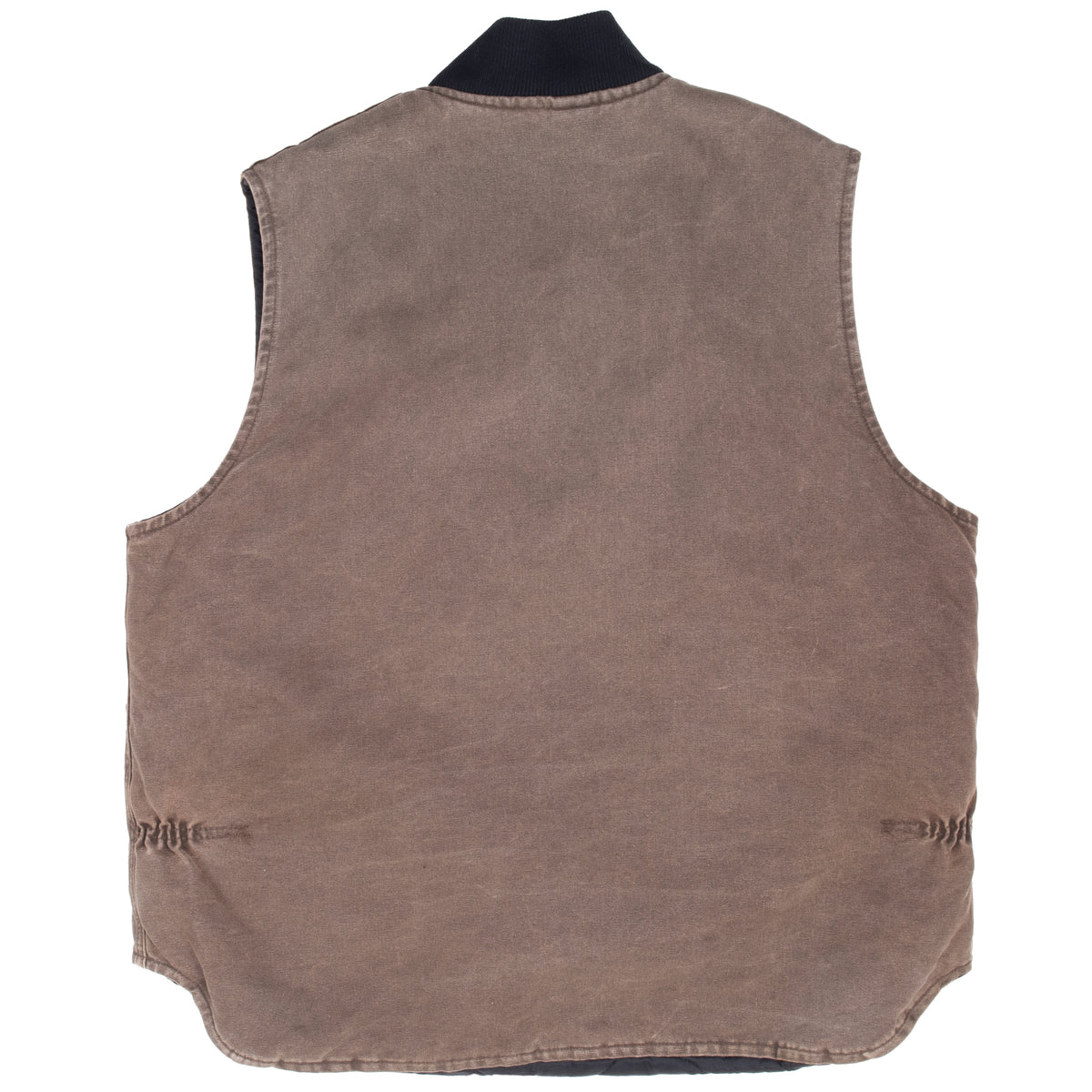 Back of brown Carhartt V02CHT vest with black ribbed collar and curved drop-tail hem