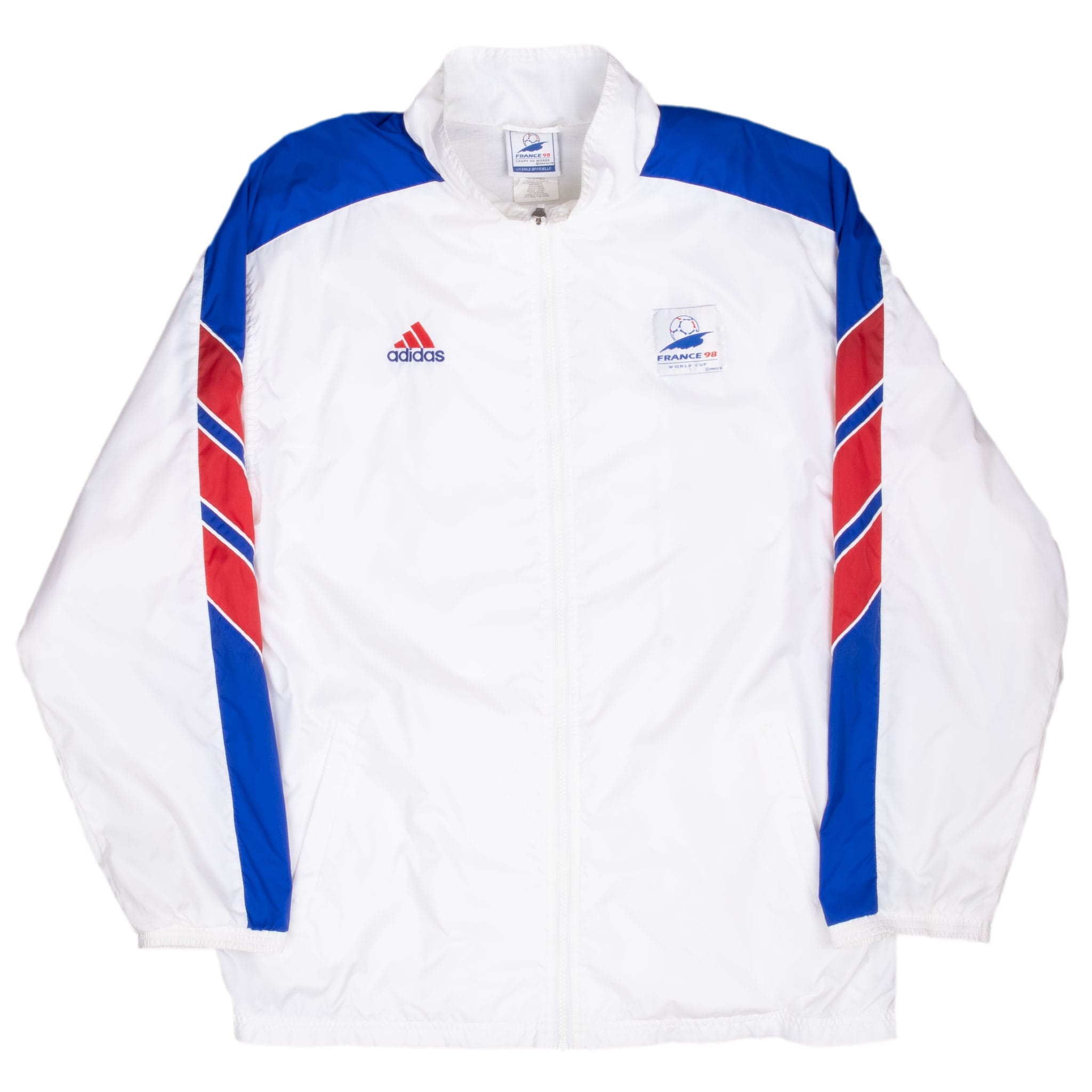 Full front view of white adidas Team USA zip jacket with blue and red sleeve accents