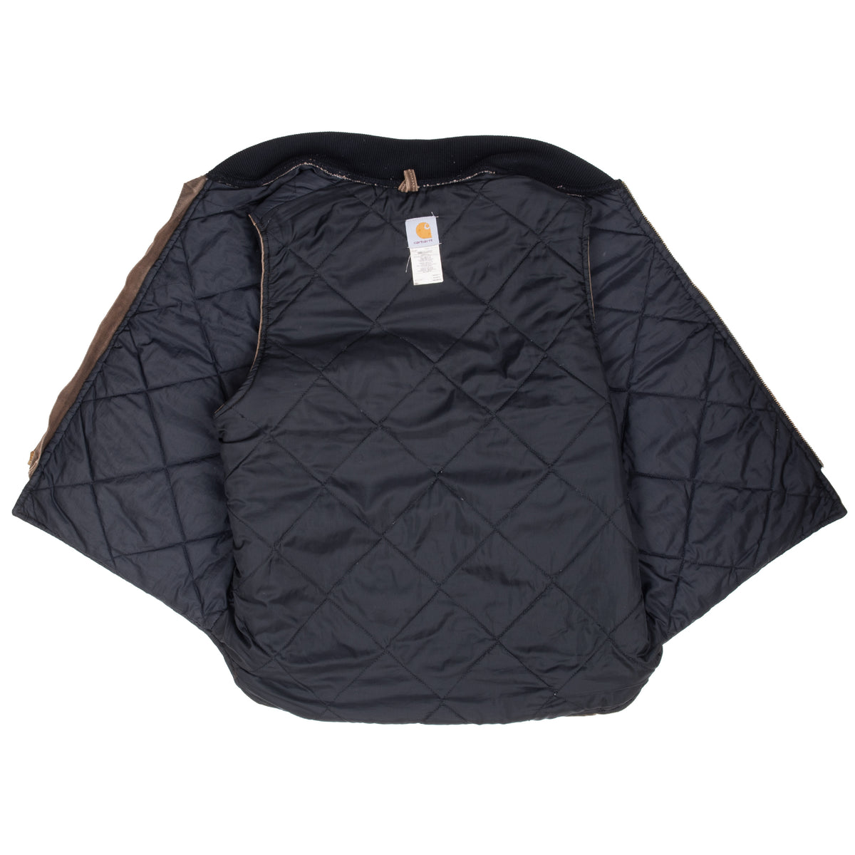 Open Carhartt V02CHT vest showing black diamond-quilted interior lining and neck label