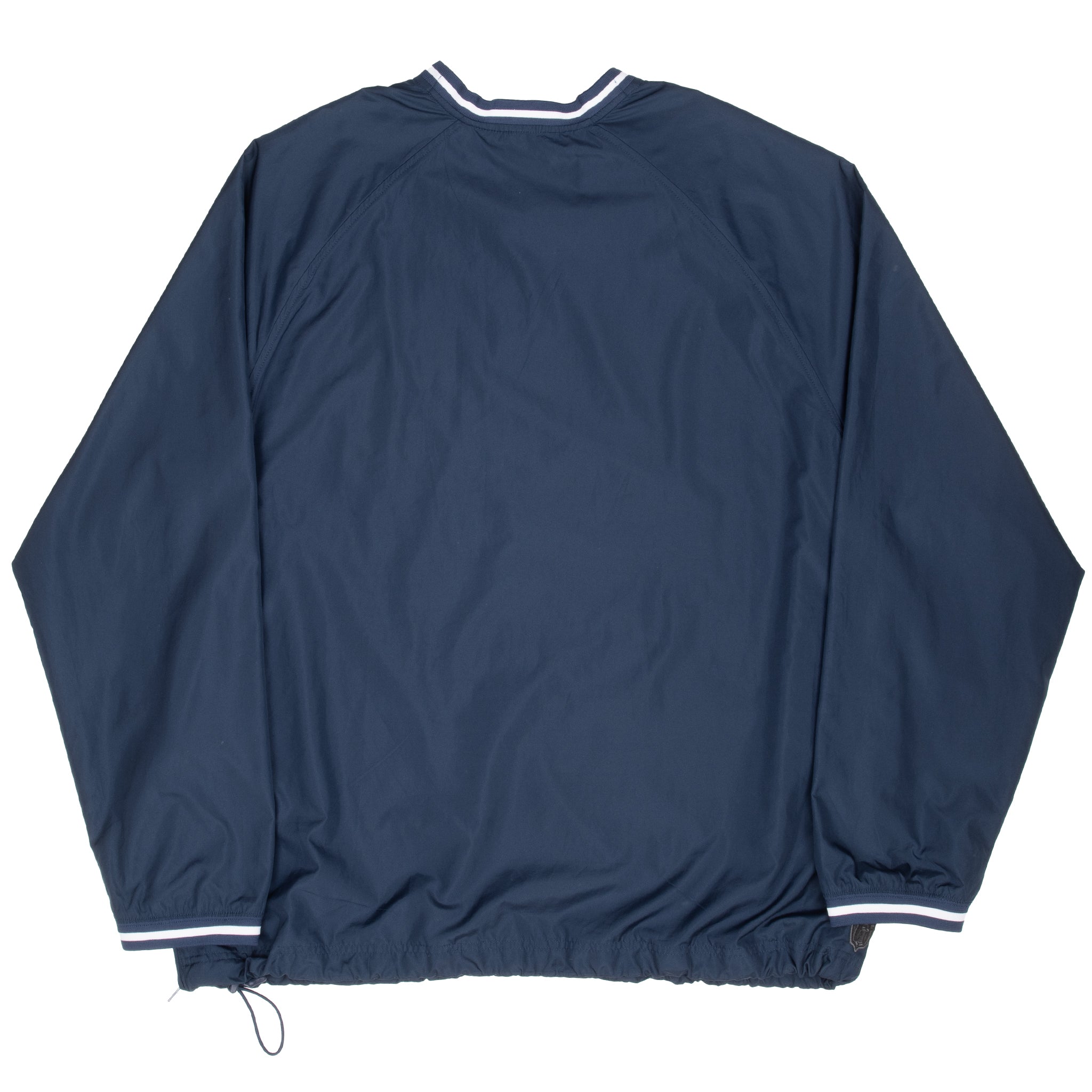 Back of navy Nike baseball windbreaker pullover with striped collar and cuffs