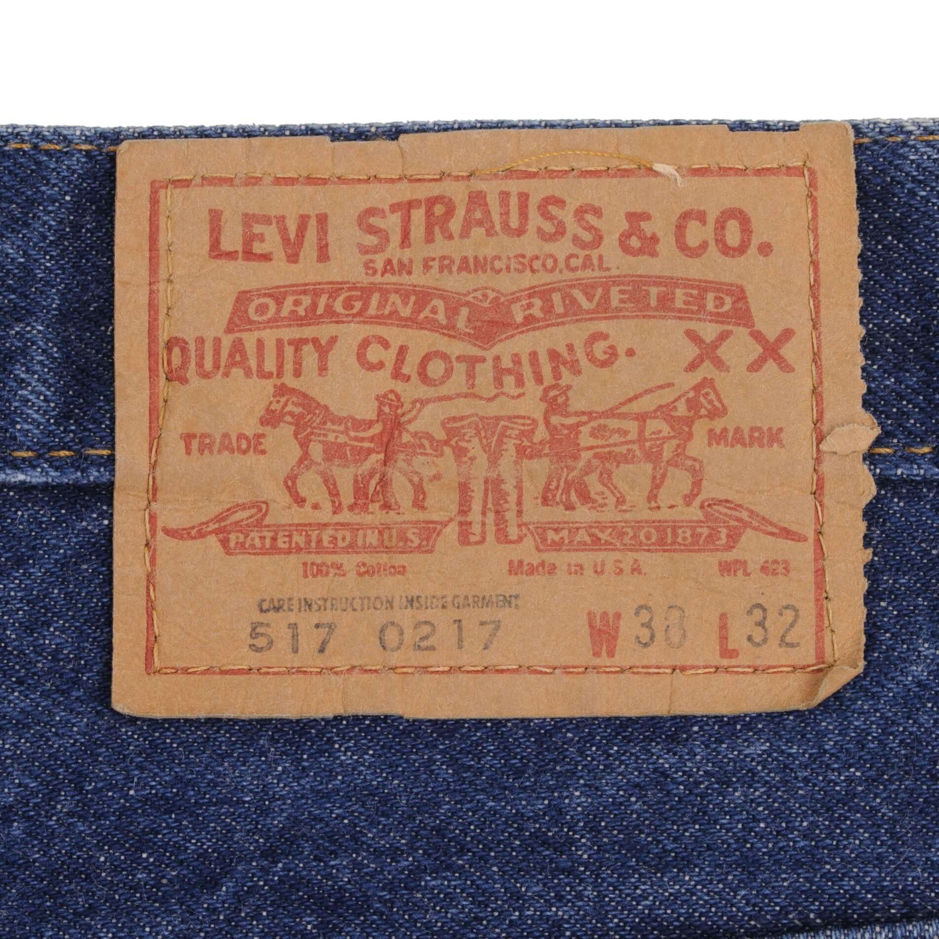 Beautiful Indigo Levis 517 Jeans With Blue Bar Tacks 1980s Made in USA with Dark Wash Talon Zipper Size on tag 38X32 Actual Size 38X32 Back Button #2