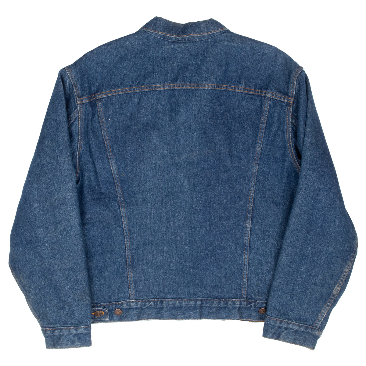 Back of Levi's indigo blue denim jacket with orange contrast stitching