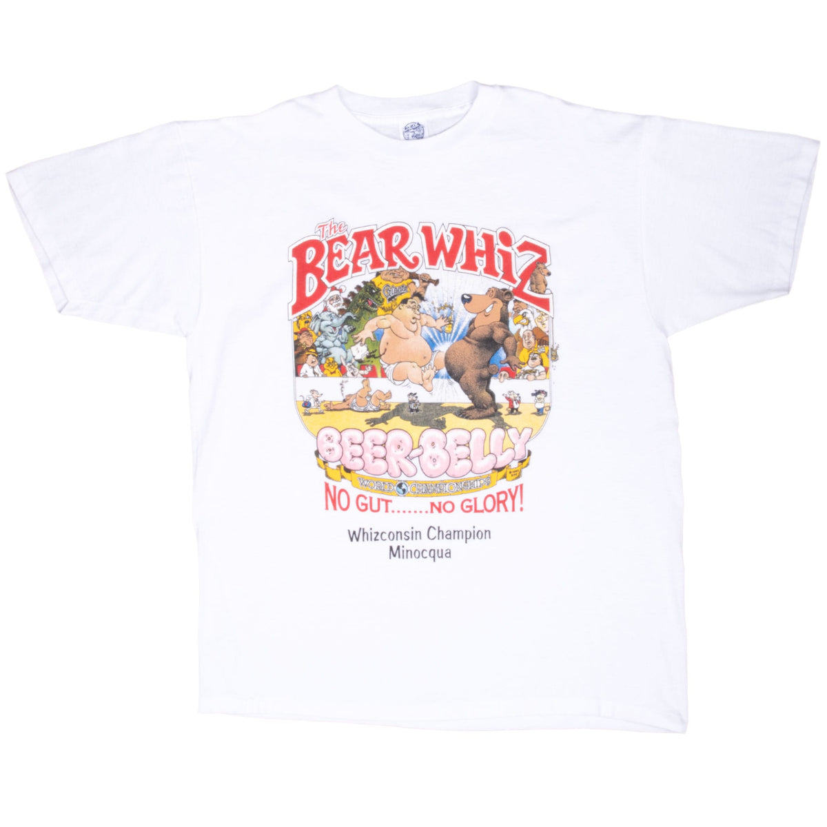Full front view of white The Bear Whiz Beer Belly World Championships graphic T-shirt