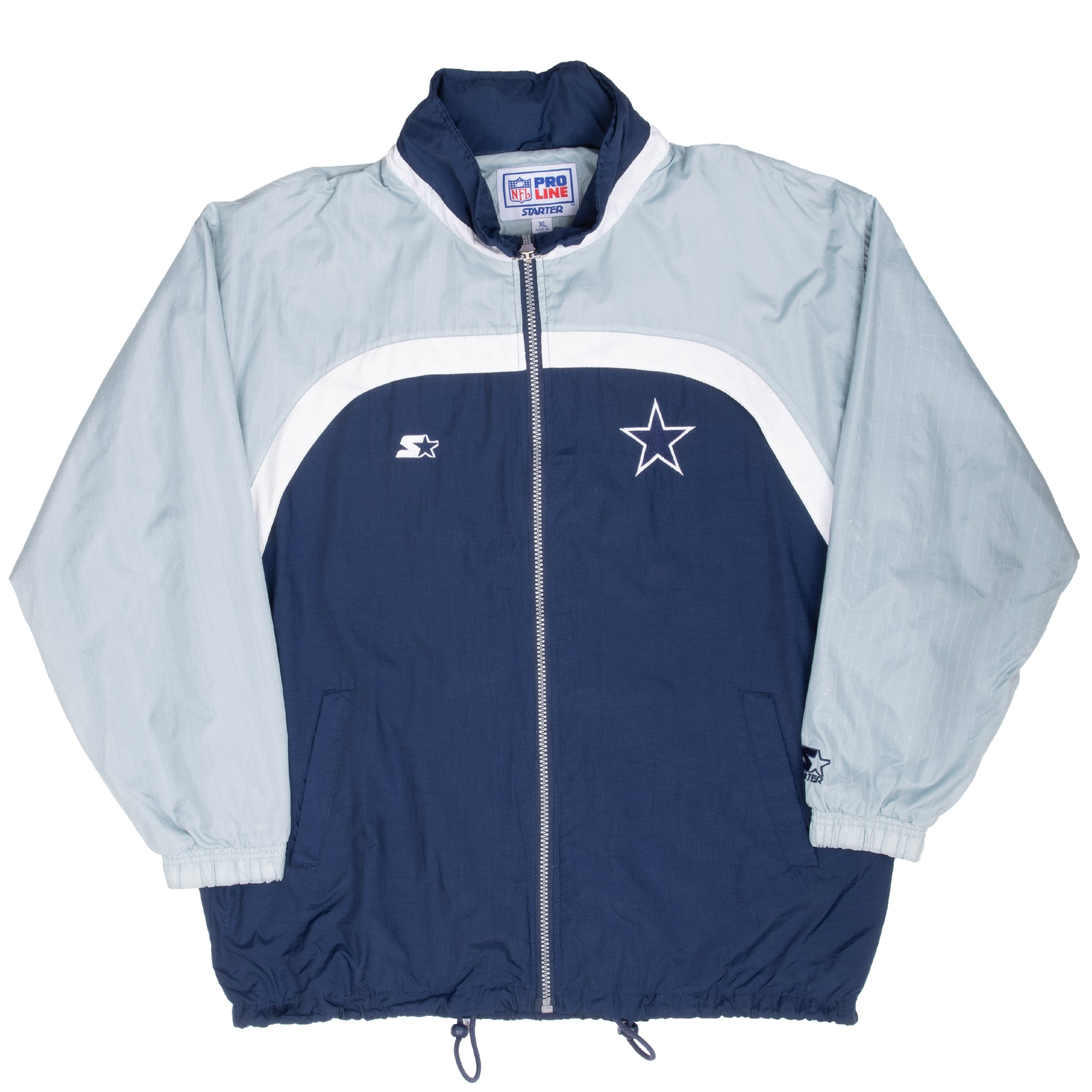 Full front view of Dallas Cowboys Starter zip-up windbreaker jacket