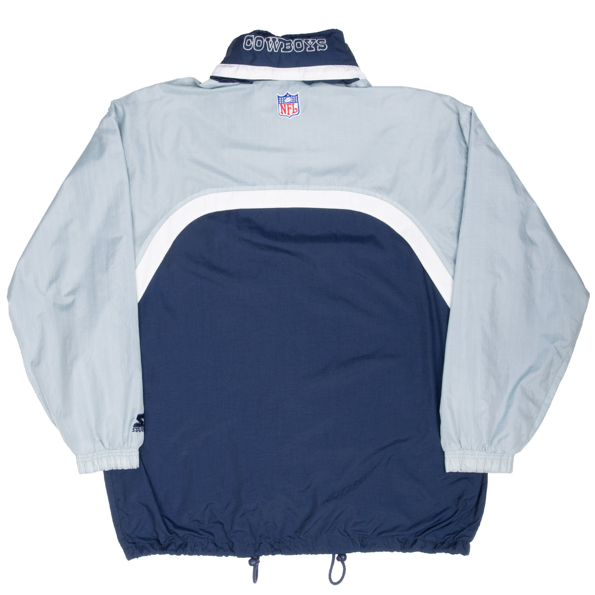 Back of Dallas Cowboys Starter windbreaker with NFL shield and Cowboys collar embroidery