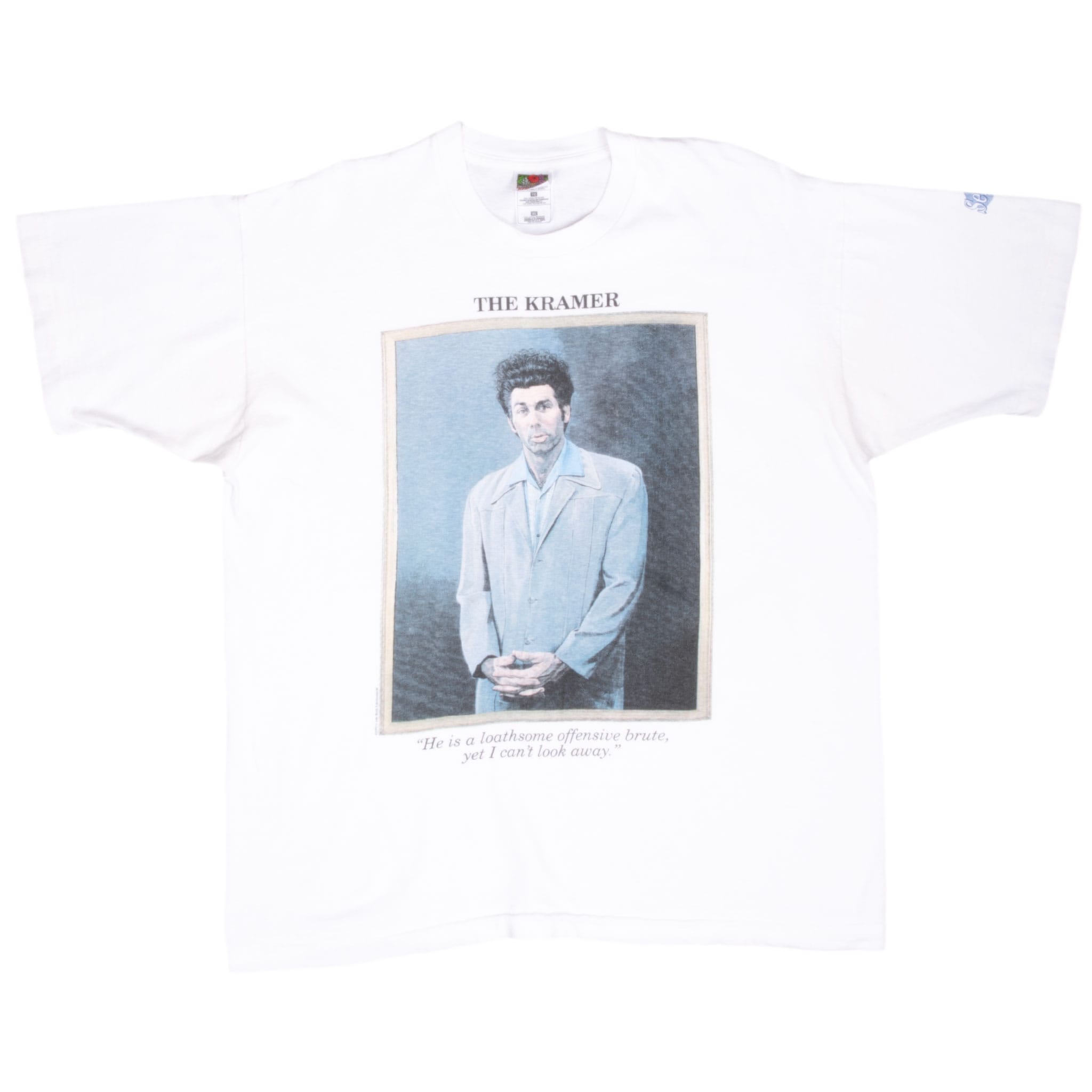 Full front of white Seinfeld T-shirt with The Kramer portrait graphic and sleeve logo