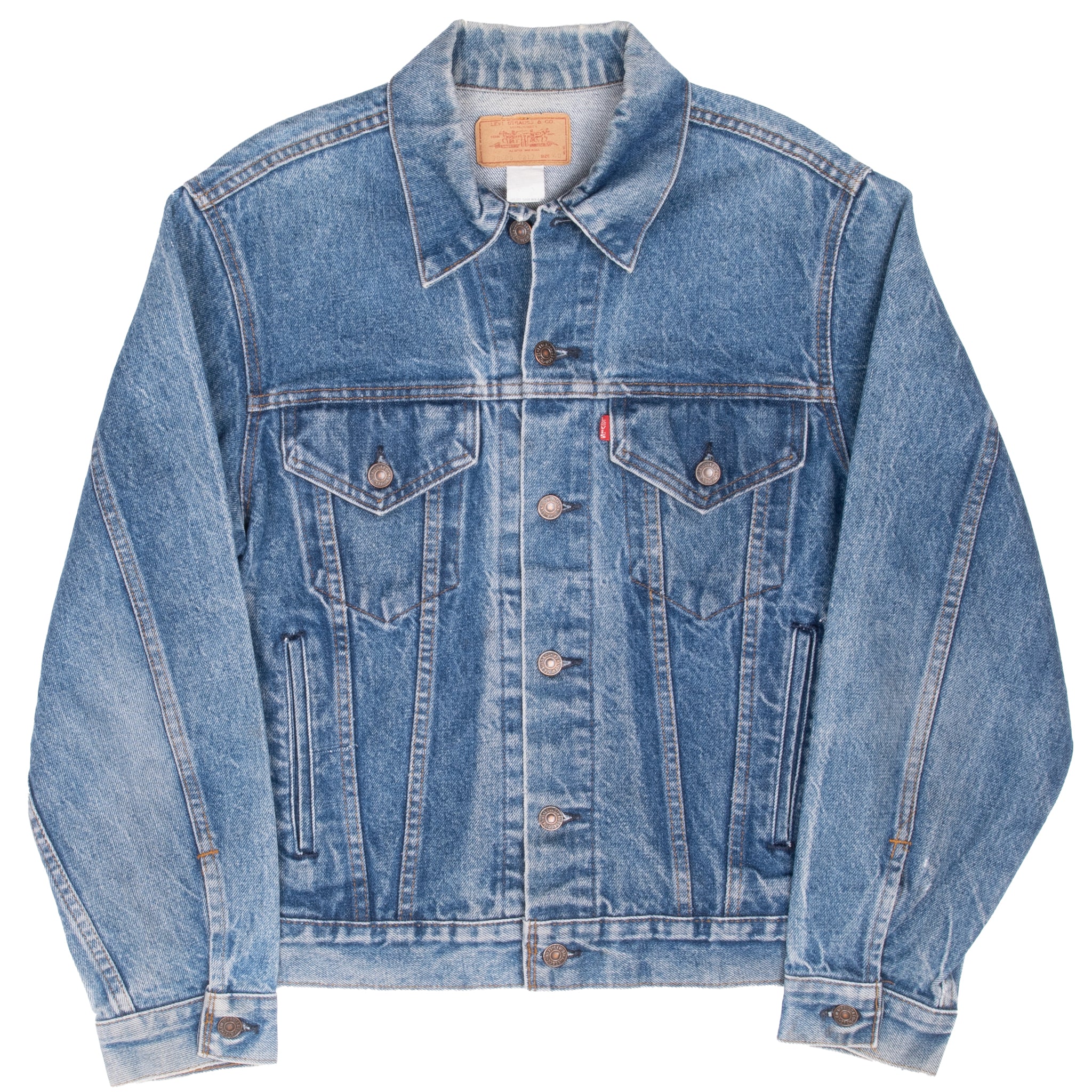Full front view of Levi's blue Type III denim jacket with four pockets