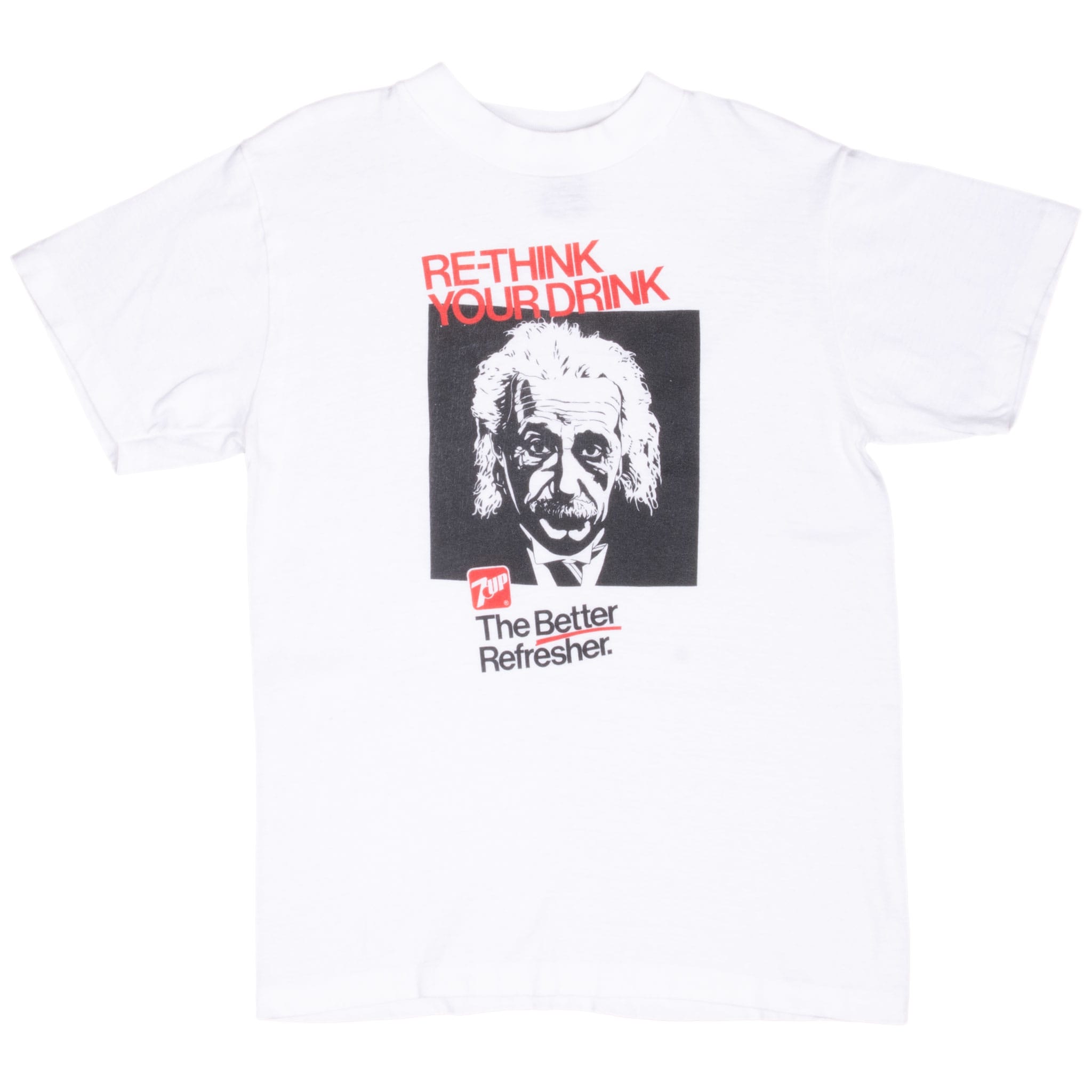 Full front view of white 7UP Albert Einstein Re-Think Your Drink T-shirt