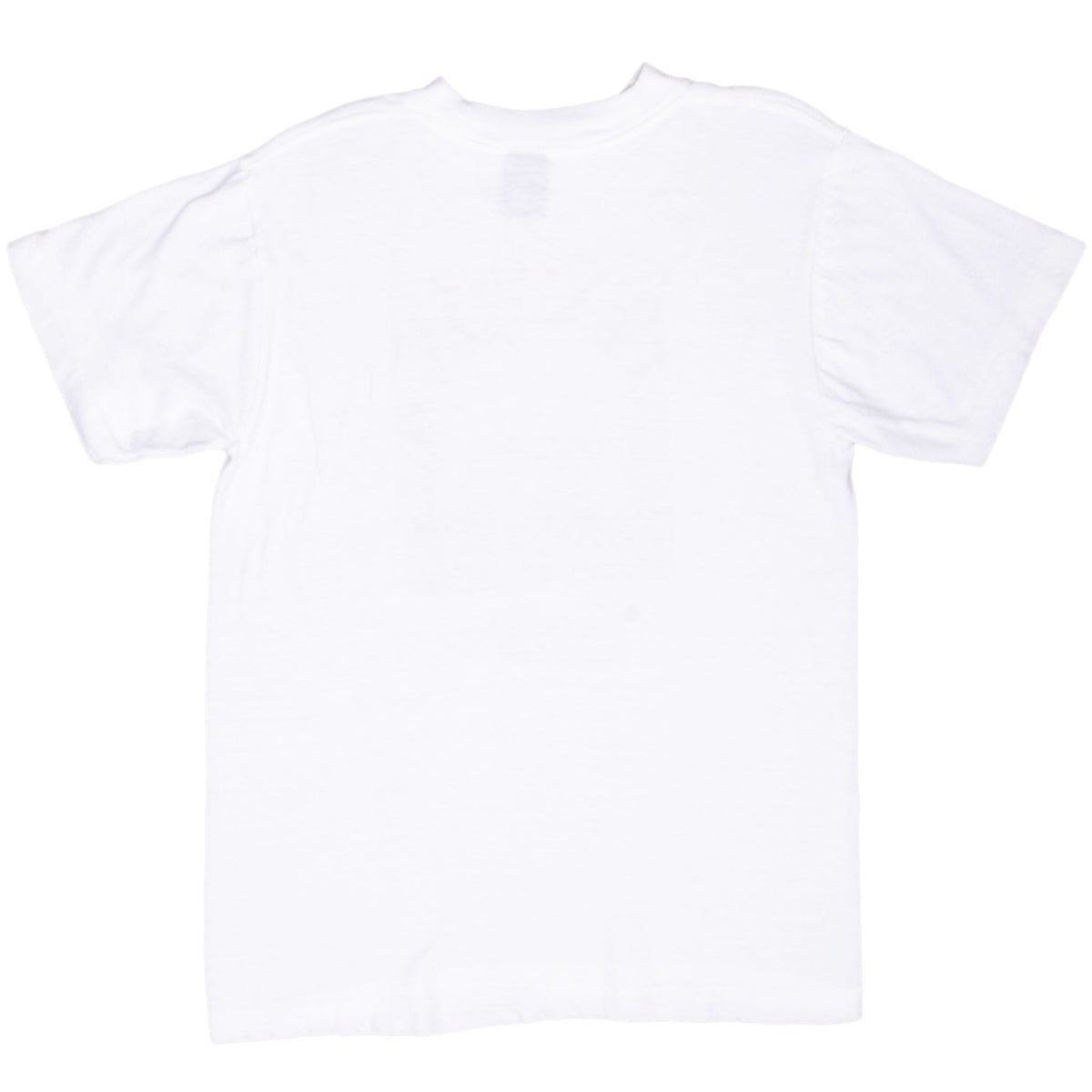 Back of plain white short-sleeve crew-neck T-shirt