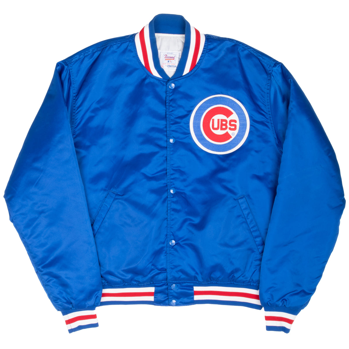 Front of blue Chicago Cubs Starter satin bomber jacket with striped trim and chest logo