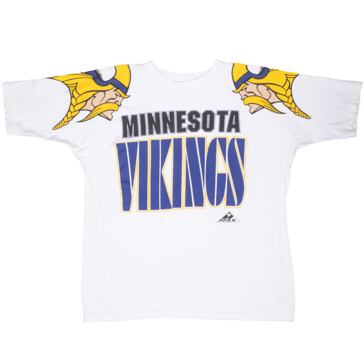 Front of white Apex One Minnesota Vikings T-shirt with helmet shoulder graphics