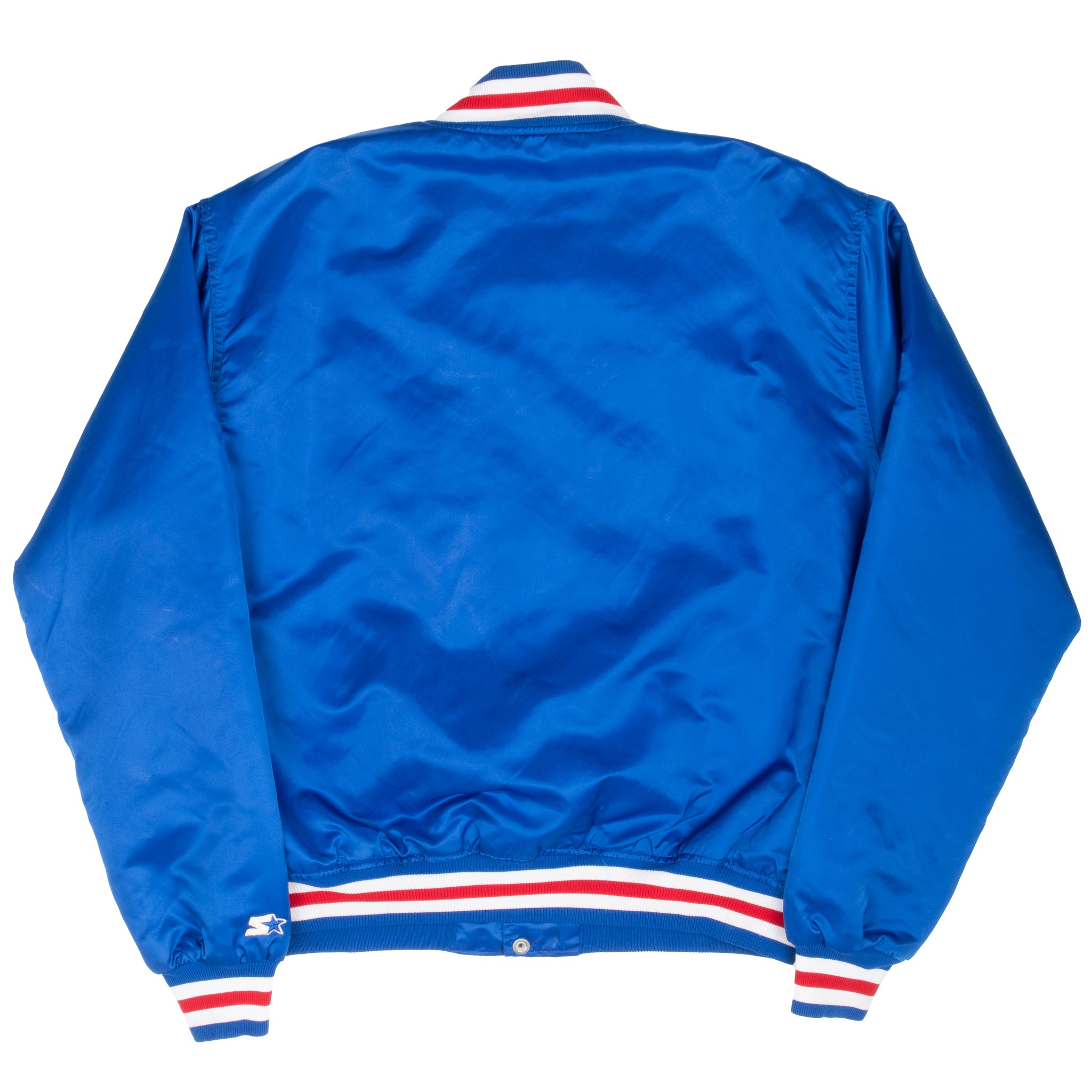 Back of blue Chicago Cubs Starter satin bomber jacket with red, white and blue striped trim