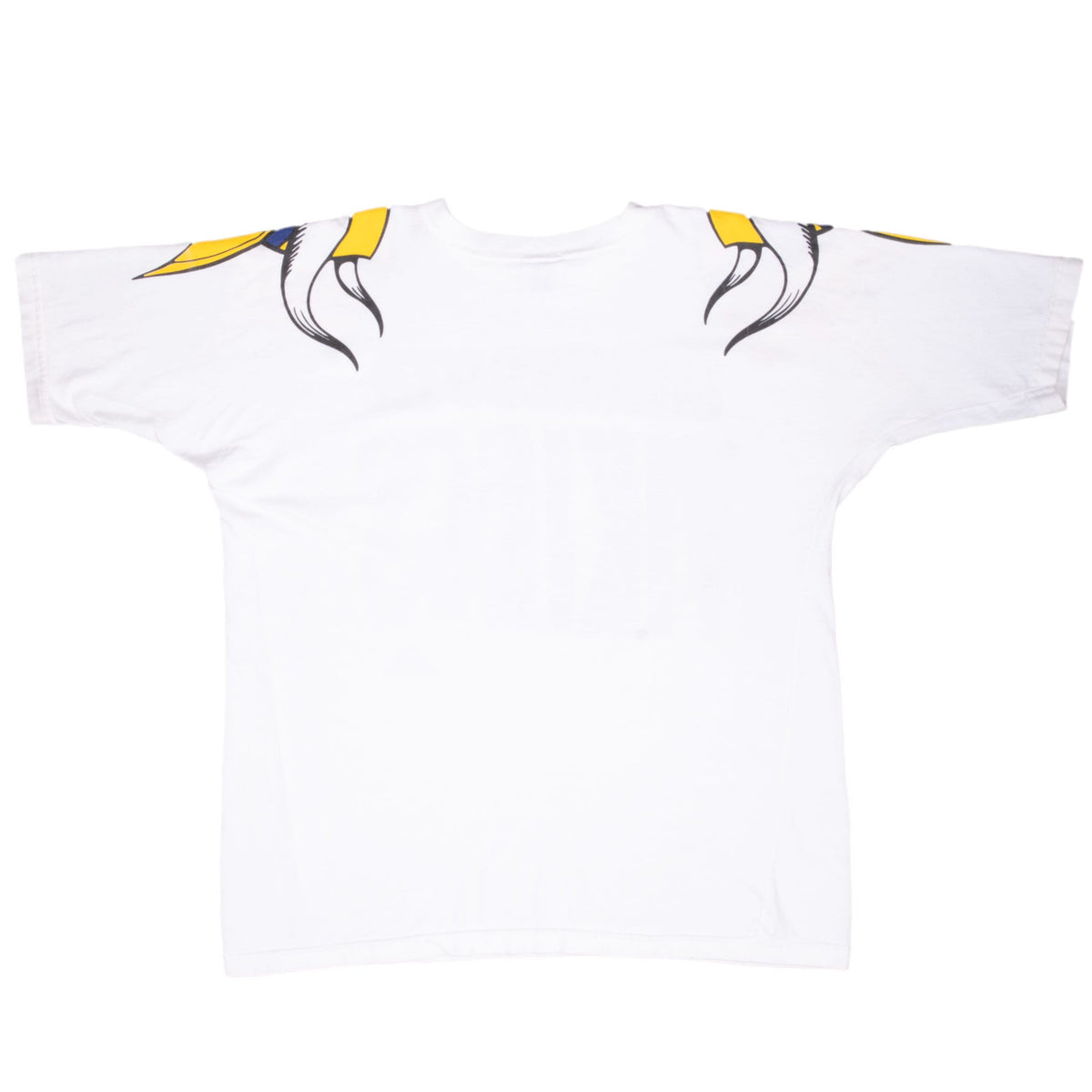 Back of white Minnesota Vikings T-shirt with helmet graphics across the shoulders